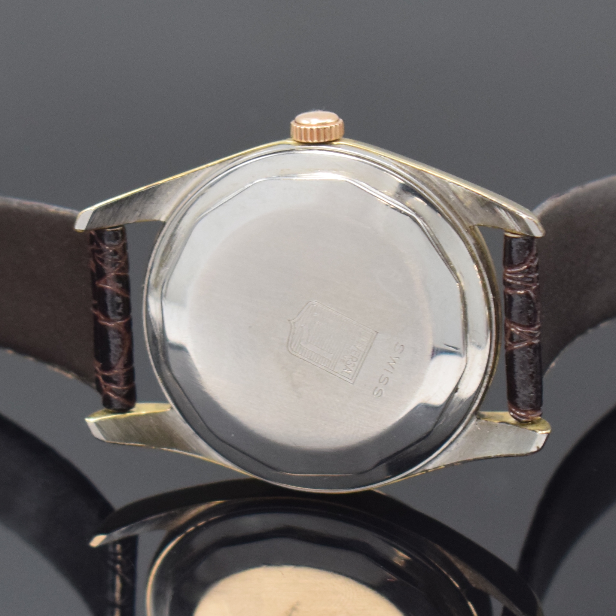 Detail c: UNIVERSAL GENEVE Herrenarmbanduhr Polerouter mit Hammerautomatik, Schweiz um 1950, Edelstahlgeh. mit Goldhaube, schwarzes shiny Dial mit Fadenkreuz ...