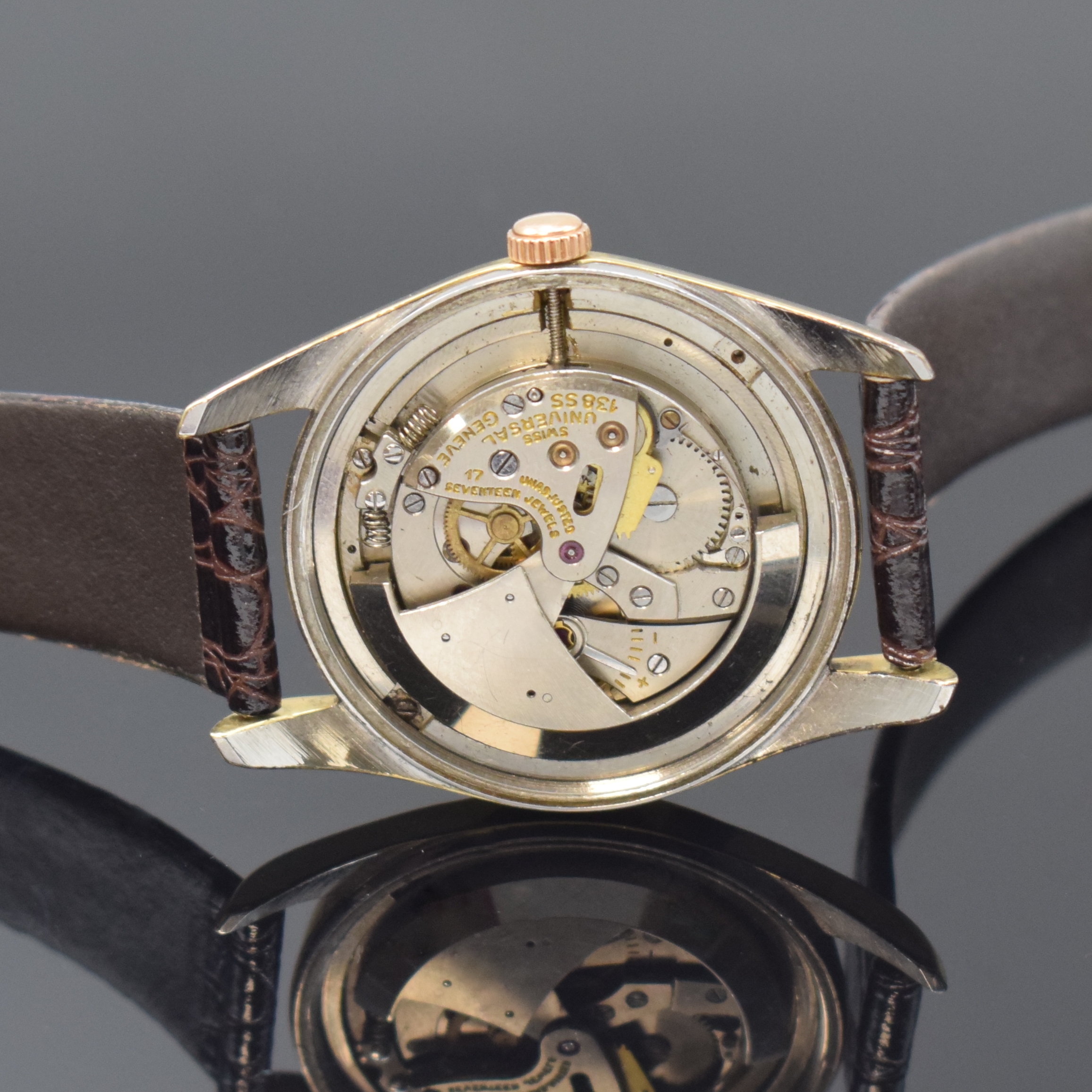 Detail d: UNIVERSAL GENEVE Herrenarmbanduhr Polerouter mit Hammerautomatik, Schweiz um 1950, Edelstahlgeh. mit Goldhaube, schwarzes shiny Dial mit Fadenkreuz ...