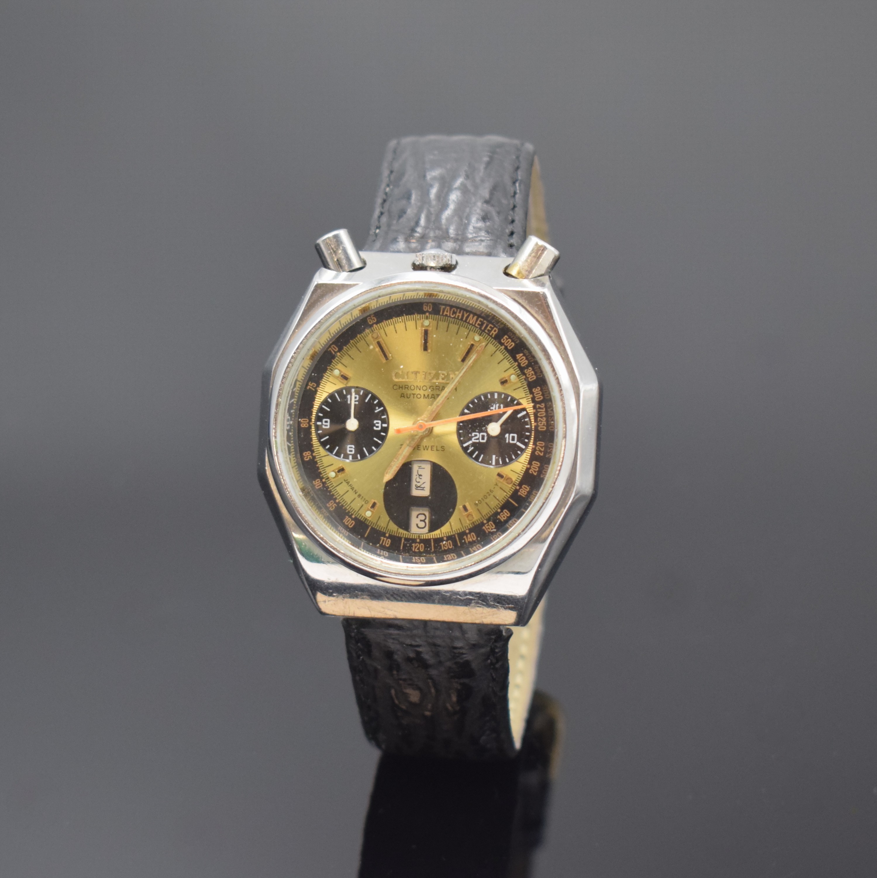 CITIZEN Bullhead Armbandchronograph Referenz 4-901223 TA, Automatik, Japan um 1972, pultförmiges, mehrflächiges Edelstahlgeh., Boden verschr., ...