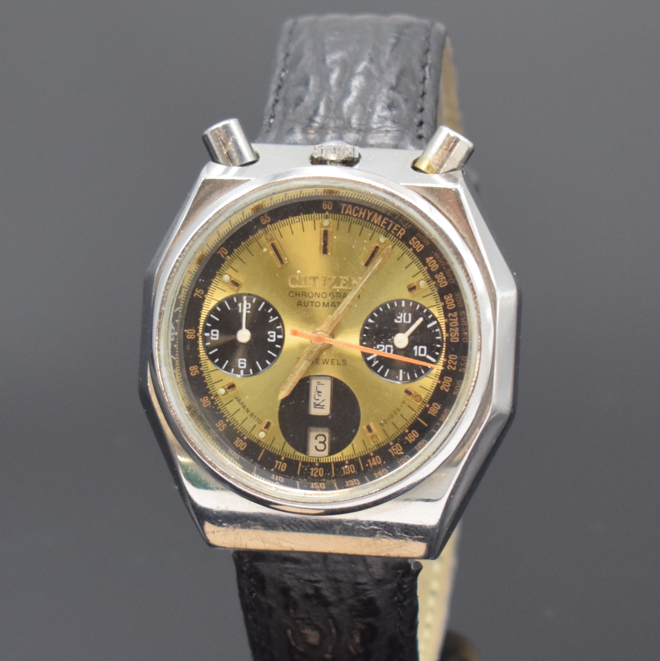 Detail a: CITIZEN Bullhead Armbandchronograph Referenz 4-901223 TA, Automatik, Japan um 1972, pultförmiges, mehrflächiges Edelstahlgeh., Boden verschr., ...