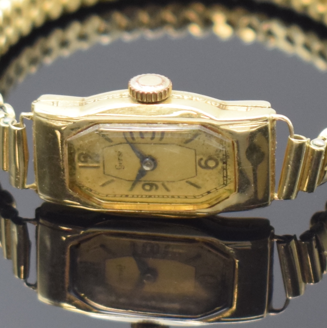 Detail a: GERSI Damenarmbanduhr und eine offene Damentaschenuhr mit Diamanten in GG 585/000,Schweiz um 1930, Handaufzug, 1) Gersi Armbanduhr mit Flexband in GG ...