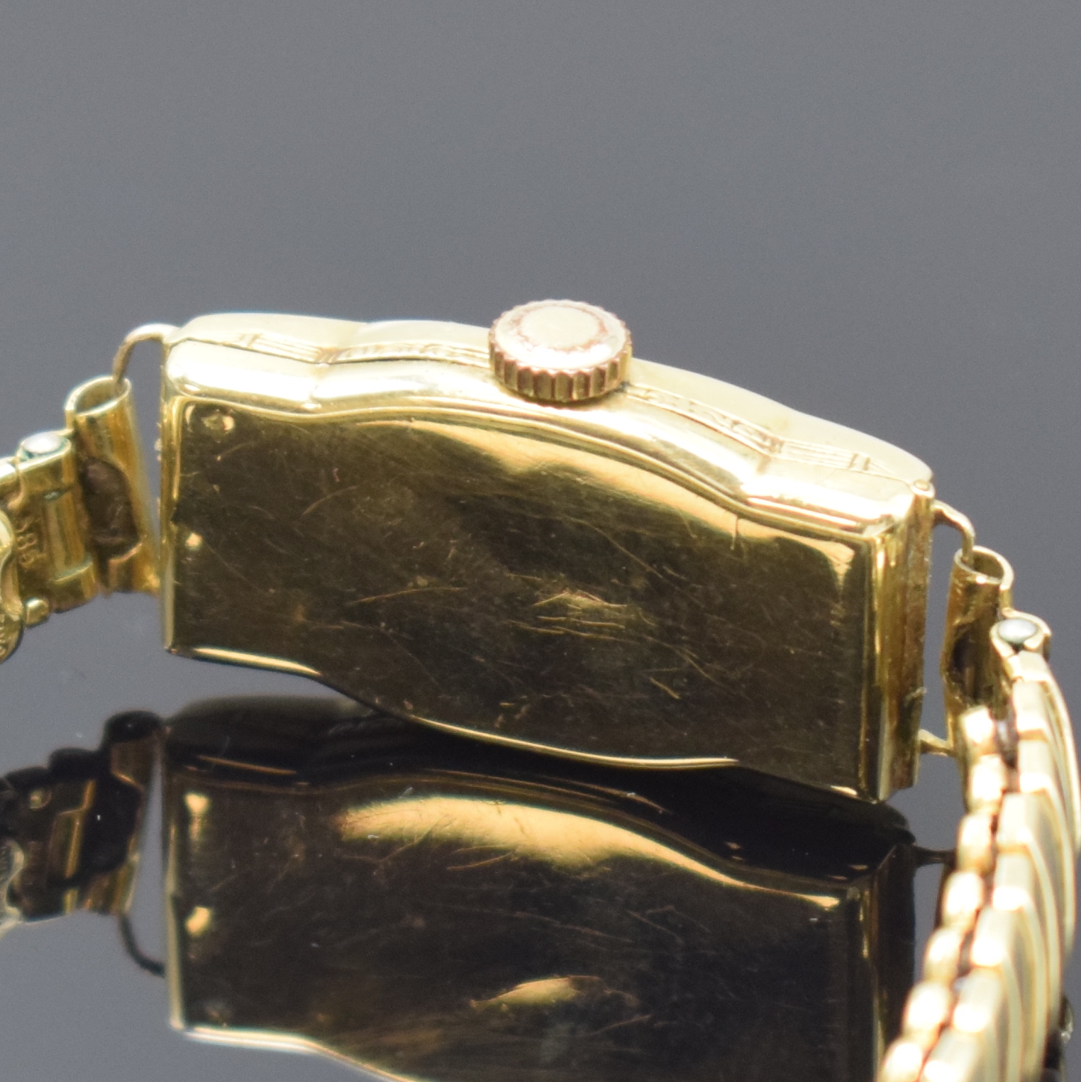 Detail b: GERSI Damenarmbanduhr und eine offene Damentaschenuhr mit Diamanten in GG 585/000,Schweiz um 1930, Handaufzug, 1) Gersi Armbanduhr mit Flexband in GG ...