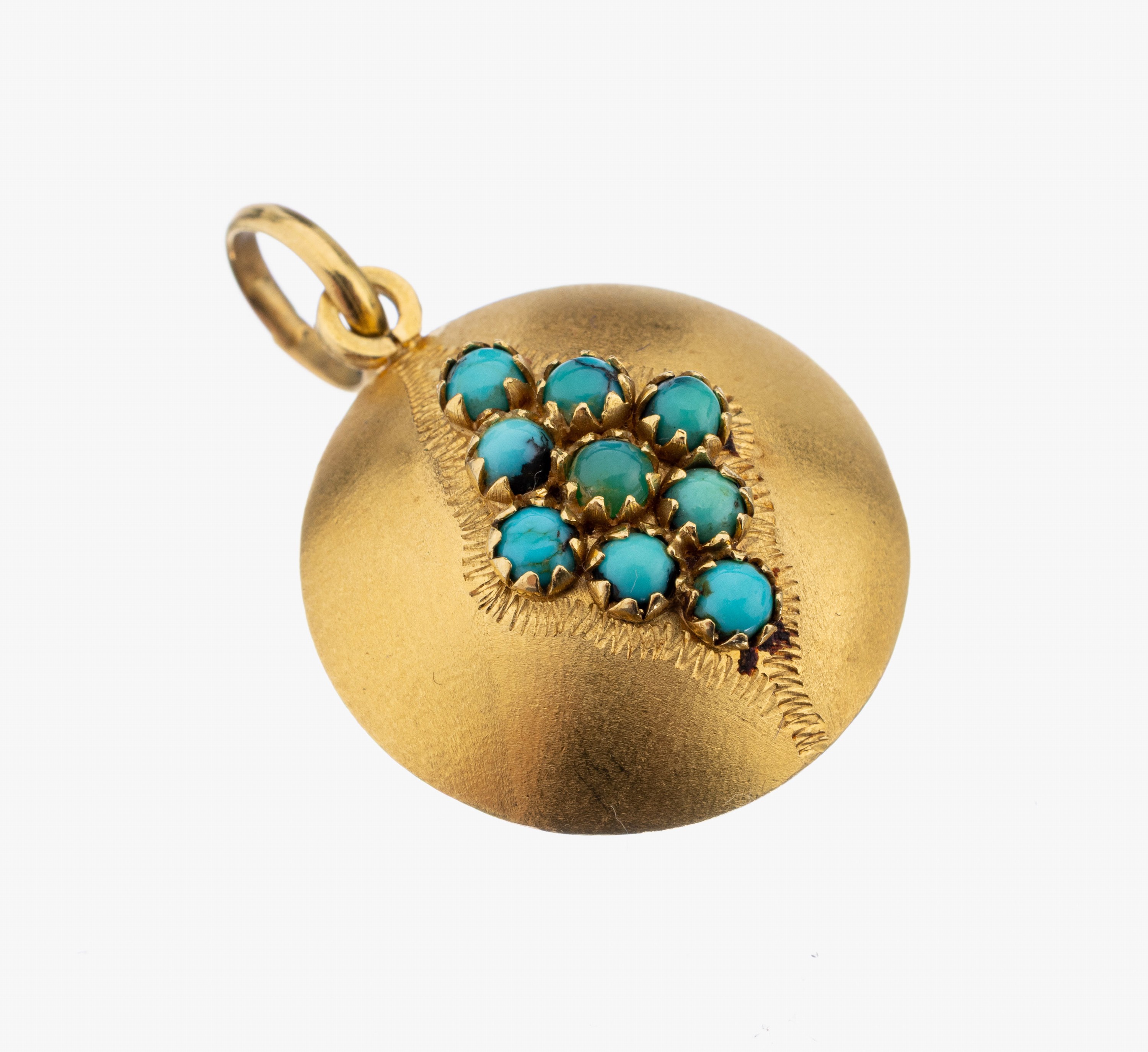 18 kt Gold Türkis-Anhänger, GG 750/000, Oberfläche sat., rund, D. ca. 2.3 cm, beidseitig mit kl. Türkis-Cabochons, ca. 7.8 g