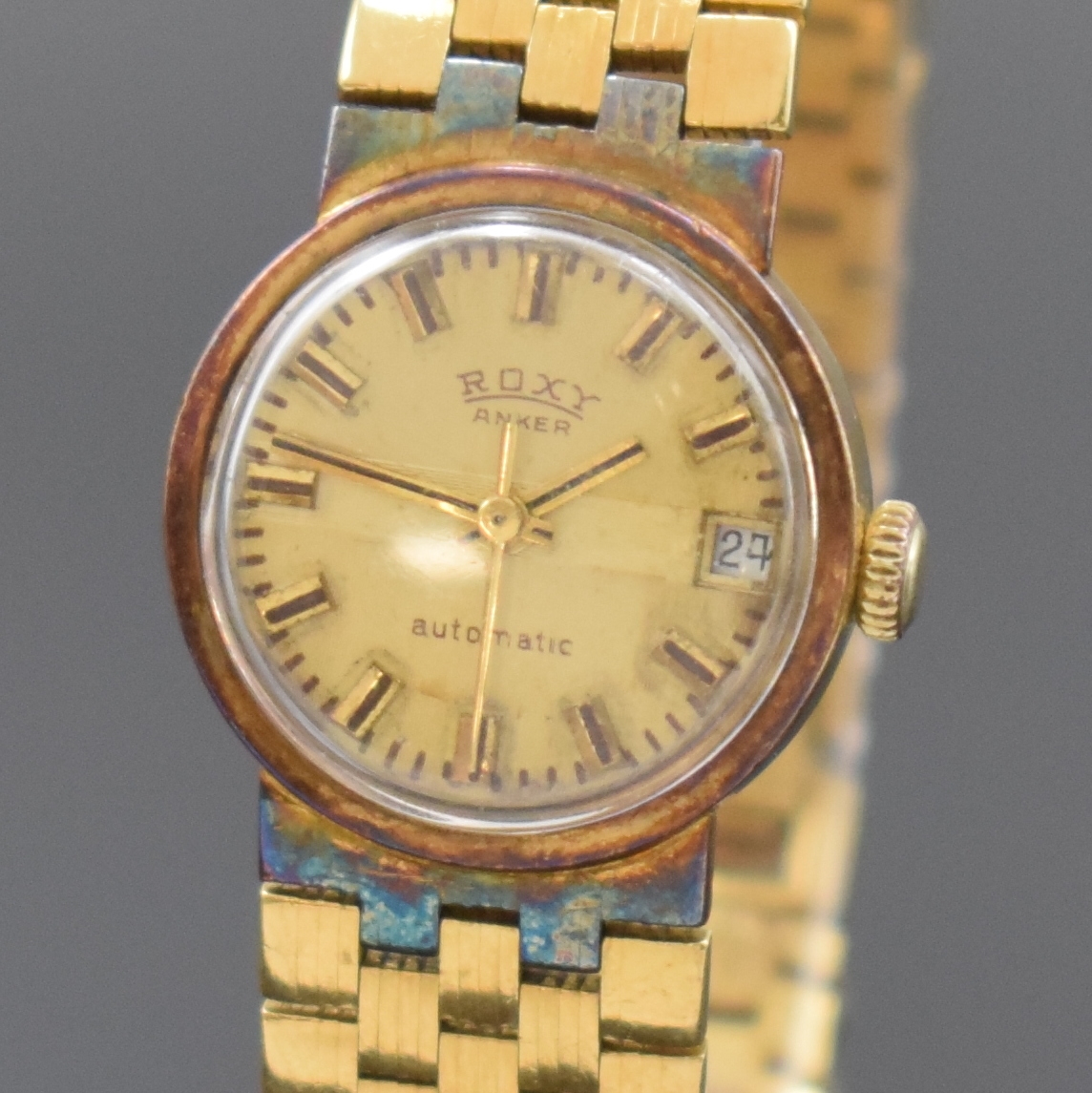 Detail a: ROXY Damenarmbanduhr in GG 750/000, Schweiz um 1970, Automatik, 2-teil. Geh. inkl. Gliederband, Boden aufgedr., gold. Zifferbl. m. aufgel. Indizes ...