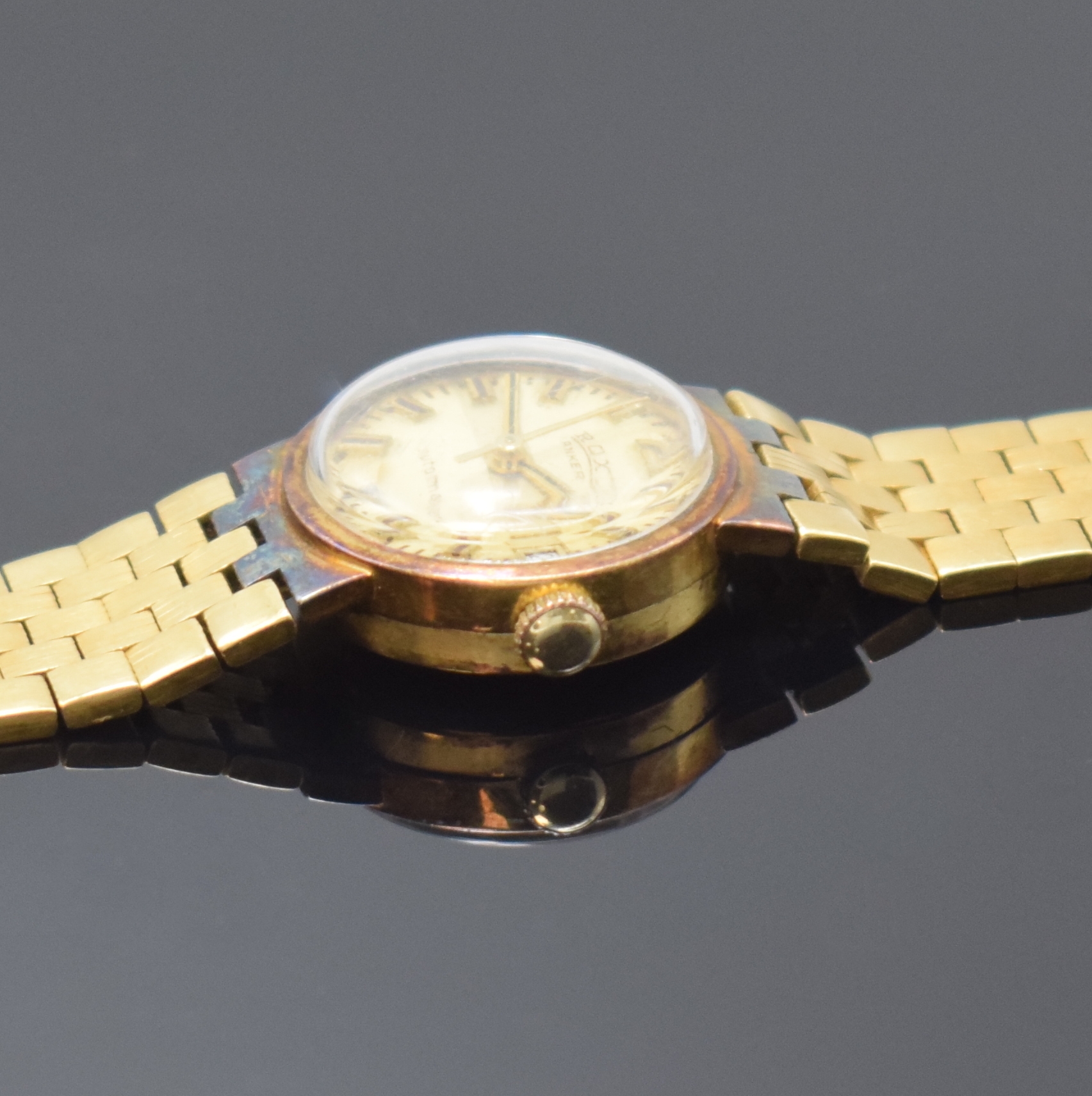 Detail c: ROXY Damenarmbanduhr in GG 750/000, Schweiz um 1970, Automatik, 2-teil. Geh. inkl. Gliederband, Boden aufgedr., gold. Zifferbl. m. aufgel. Indizes ...