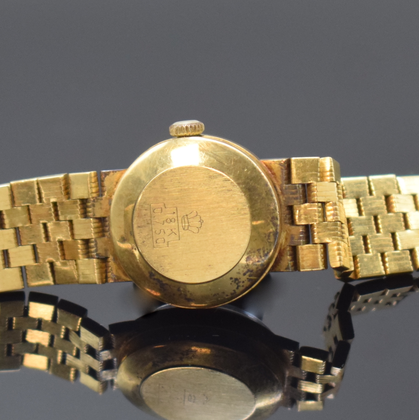 Detail d: ROXY Damenarmbanduhr in GG 750/000, Schweiz um 1970, Automatik, 2-teil. Geh. inkl. Gliederband, Boden aufgedr., gold. Zifferbl. m. aufgel. Indizes ...