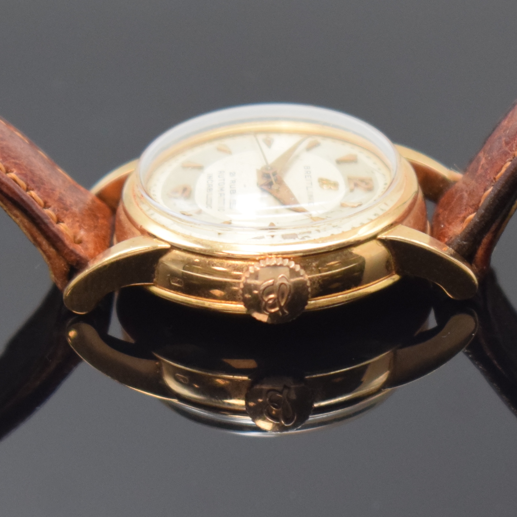 Detail b: BREITLING seltene Damenarmbanduhr in RG 750/000 Referenz 929 - 91, Automatik, Schweiz um 1950, 2-teil. Geh., Boden aufgedr., silb. Duoton-Zifferbl. ...