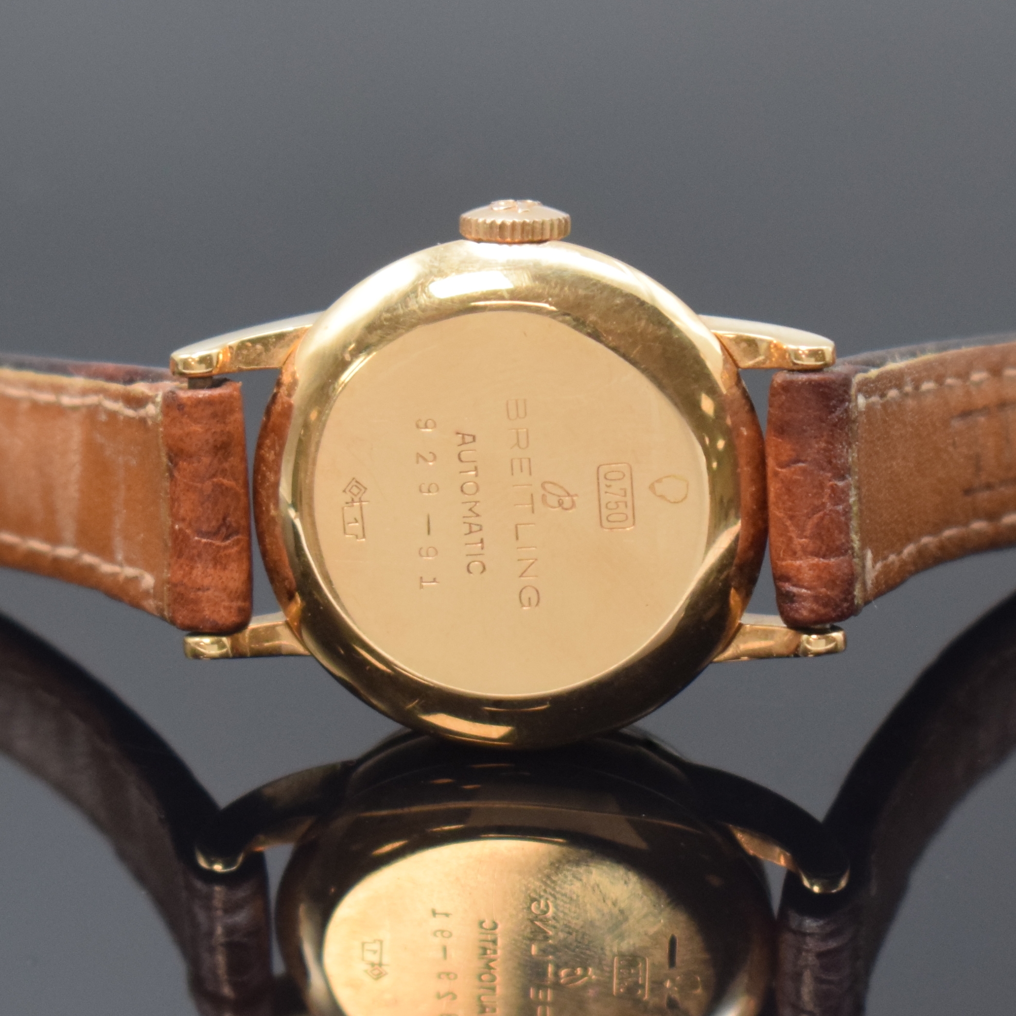 Detail c: BREITLING seltene Damenarmbanduhr in RG 750/000 Referenz 929 - 91, Automatik, Schweiz um 1950, 2-teil. Geh., Boden aufgedr., silb. Duoton-Zifferbl. ...