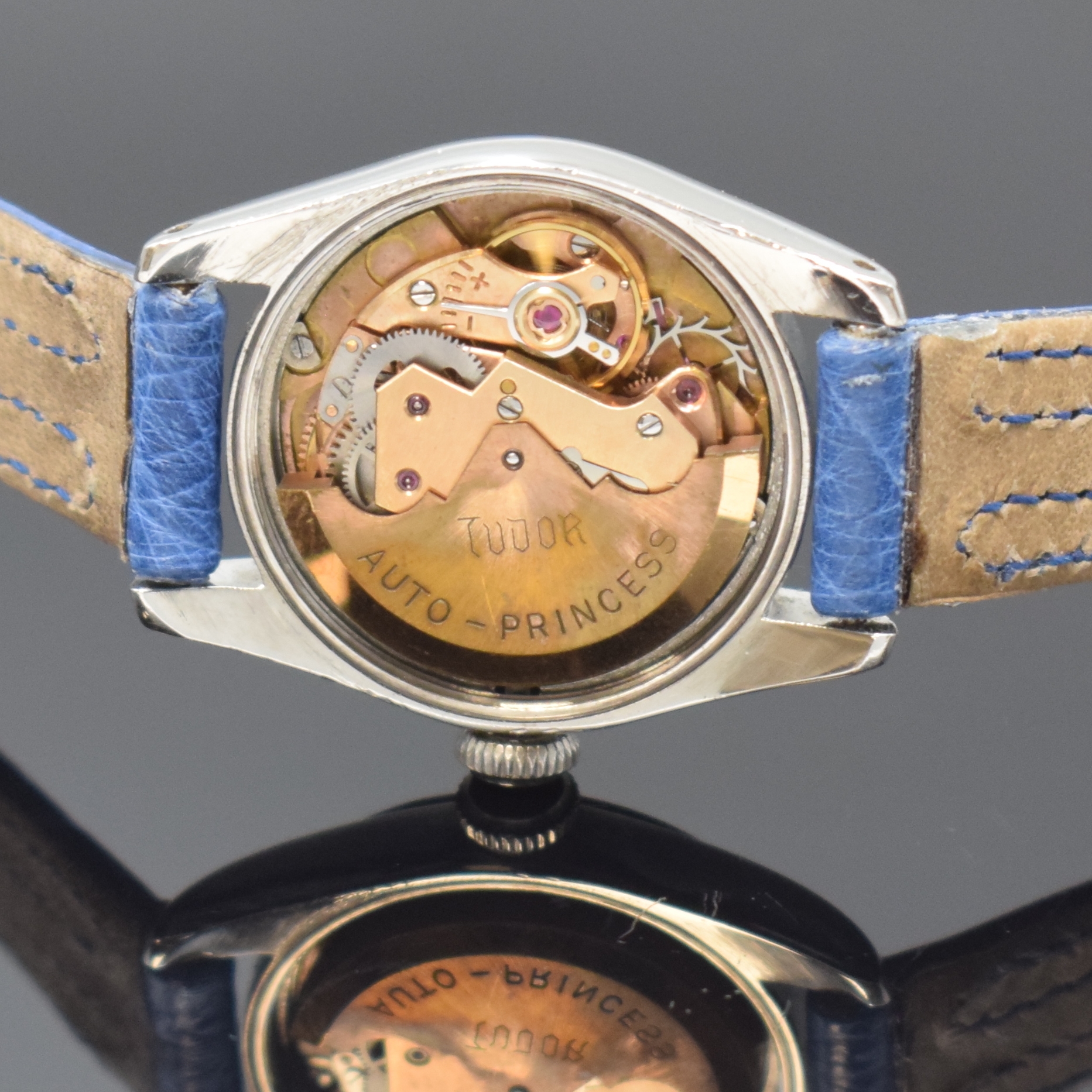 Detail e: TUDOR Oyster Princess Damenarmbanduhr in Stahl Referenz 7806, Schweiz um 1950, Automatik, verschr. Oystergeh., orig. verschr. Krone, silb. Zifferbl. ...