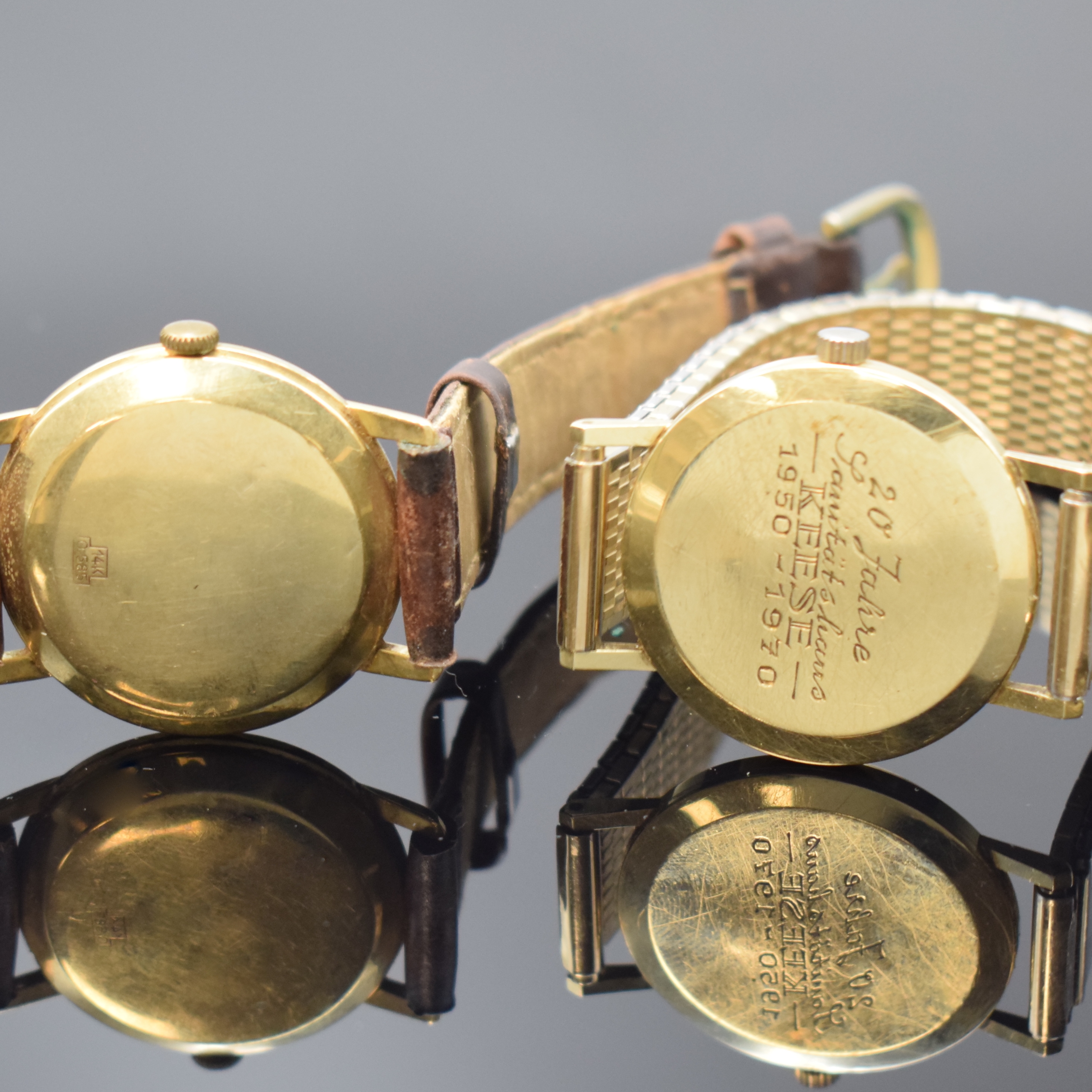 Detail d: Konvolut 2 Armbanduhren in GG 585/000 Schweiz um 1970, Automatik/Handaufzug, 2-tlg. Geh., Böden aufgedr., 1) TISSOT, Widmungsgrav. auf Boden, gold. ...