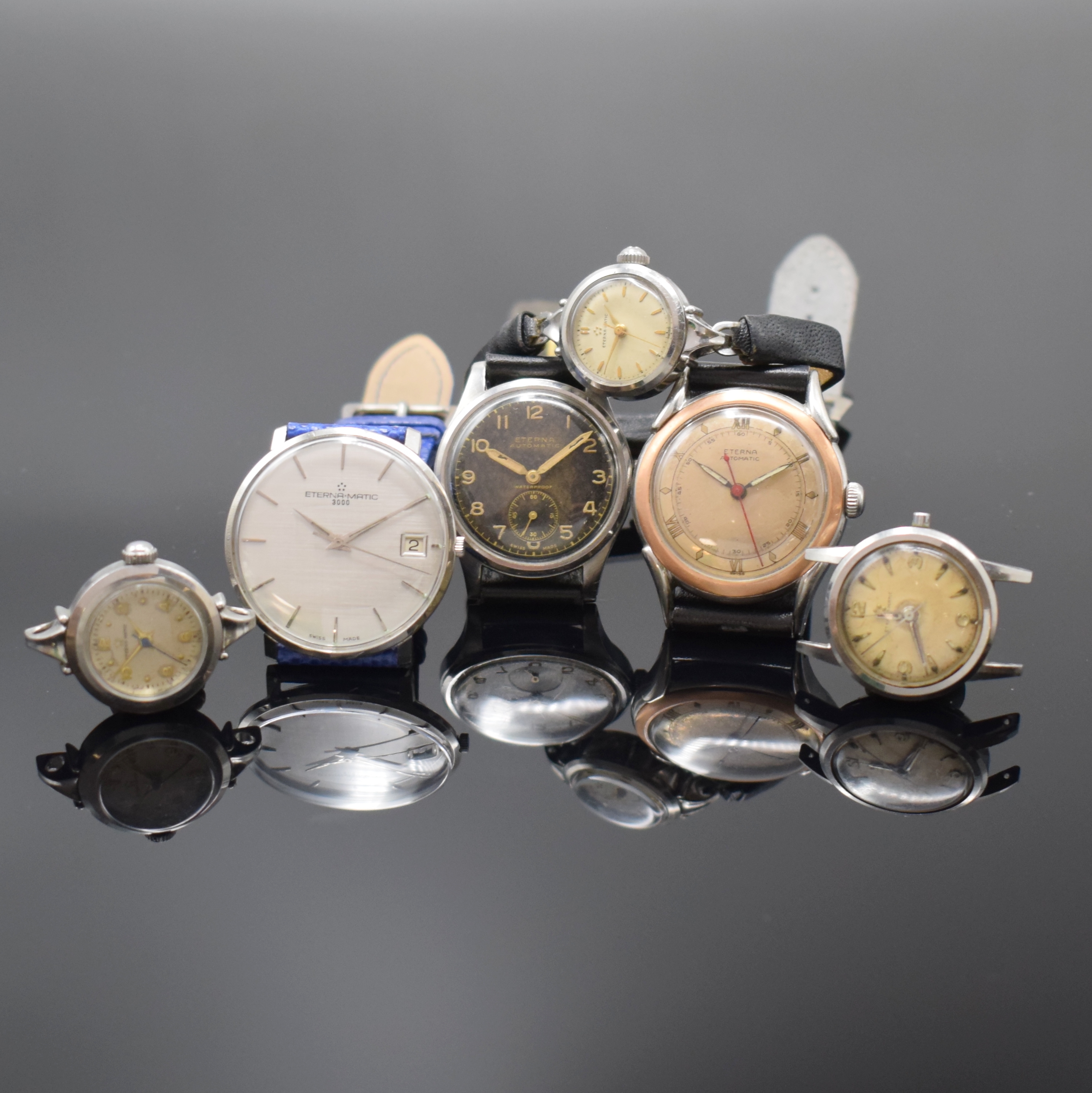 ETERNA 6 Armbanduhren in Stahl, Schweiz ca. 1940-1965, Automatik, 3 Herrenuhren, 3 Damenuhren, 5 verschr. Geh., silb./schwarz. Zifferblätter ...