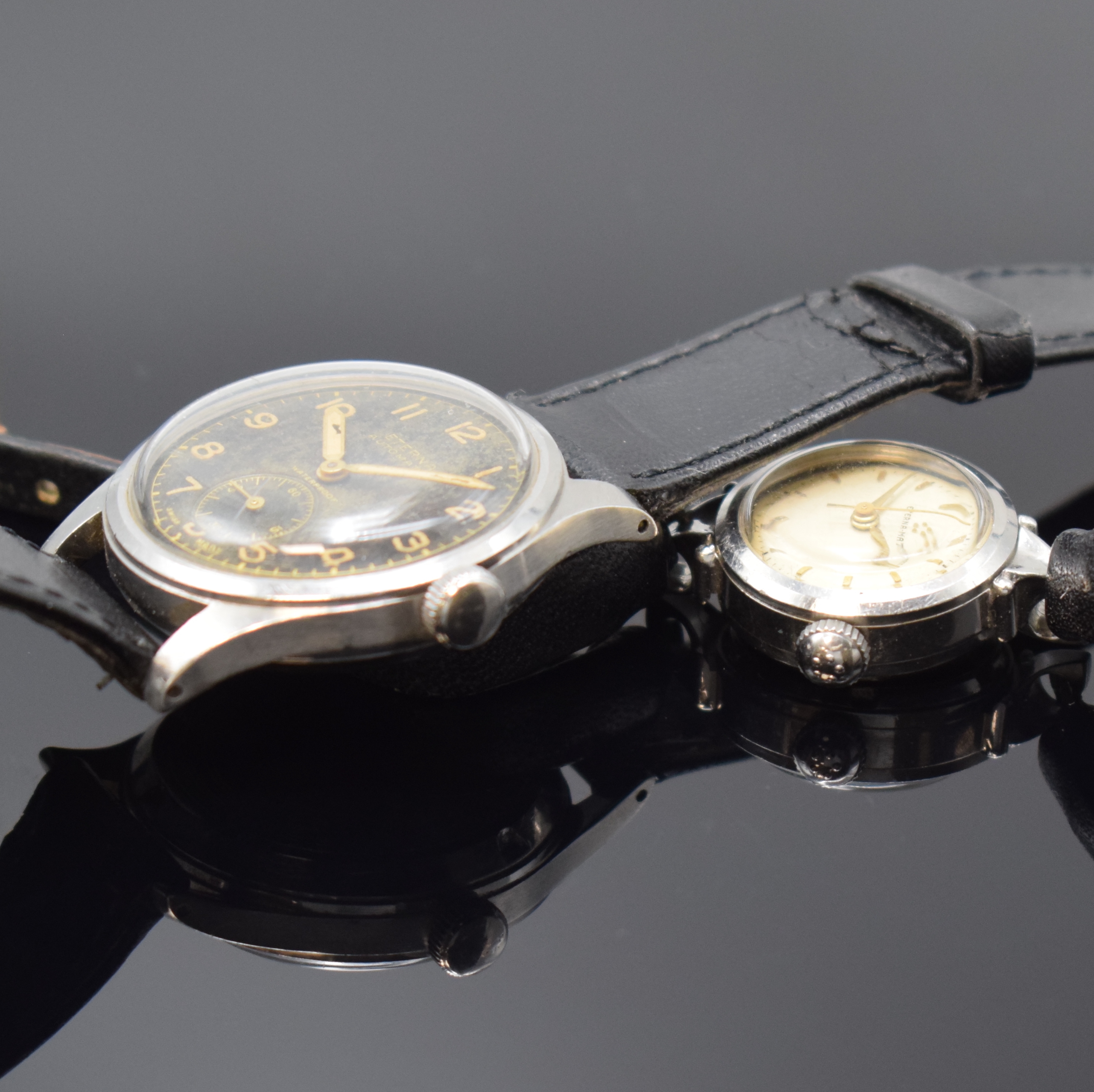 Detail b: ETERNA 6 Armbanduhren in Stahl, Schweiz ca. 1940-1965, Automatik, 3 Herrenuhren, 3 Damenuhren, 5 verschr. Geh., silb./schwarz. Zifferblätter ...