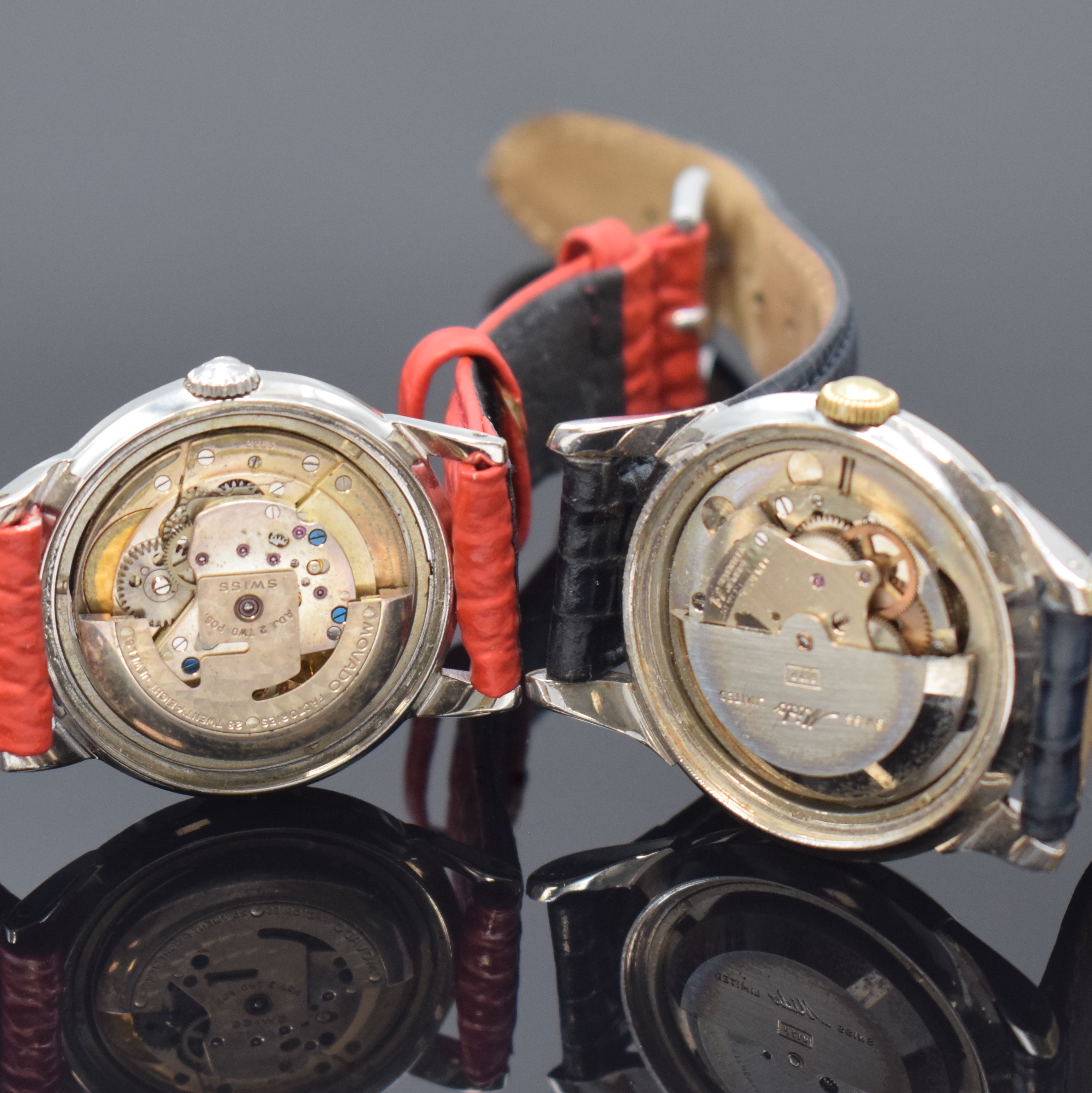 Detail e: MIDO / MOVADO je 2 Armbanduhren in Stahl und Stahl/Gold, Schweiz ca. 1945 - 1960, Automatik, verschr. Geh., silb. Zifferbl. pat./fl., 2 x Movado im ...