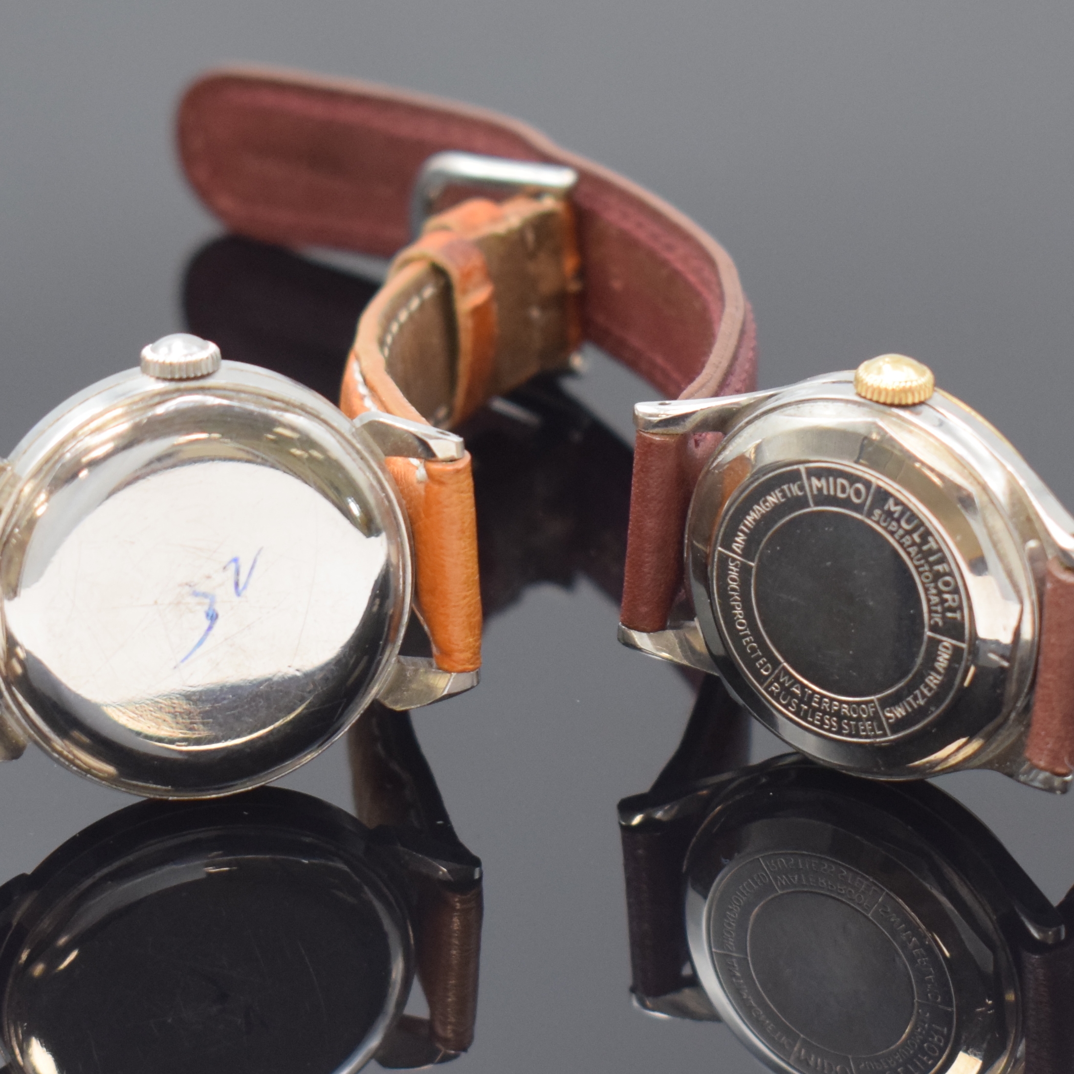 Detail h: MIDO / MOVADO je 2 Armbanduhren in Stahl und Stahl/Gold, Schweiz ca. 1945 - 1960, Automatik, verschr. Geh., silb. Zifferbl. pat./fl., 2 x Movado im ...