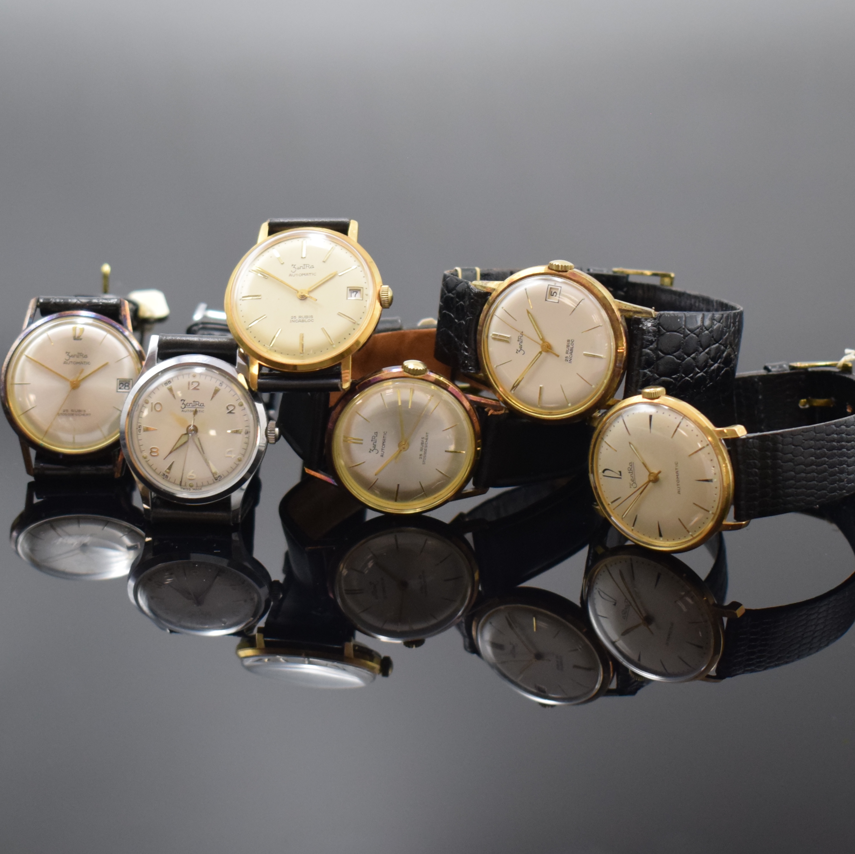 ZENTRA 5 nahezu neuwertige Armbanduhren, Deutschland/Schweiz ca. 1950 - 1965, Automatik, 4 verg. Geh., 1 x verchr., 4 x verschr. Stahlboden, 1 x ...