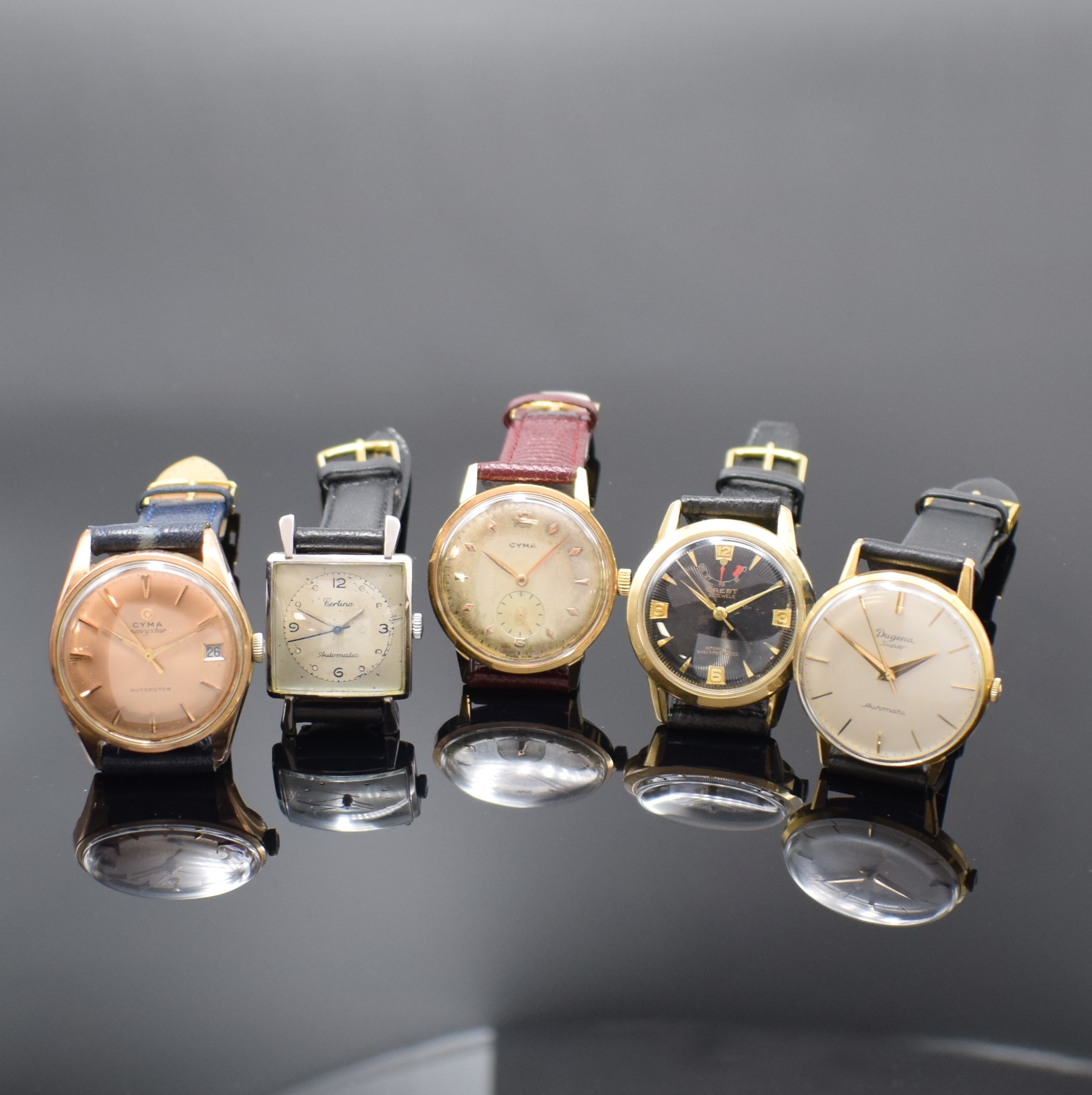 Konvolut 5 vergoldete Armbanduhren, Schweiz ca. 1950 - 1965, Automatik/Handaufzug, 1) DUGENA Super Automatic, Stahlboden aufgedr., rotgold. ...