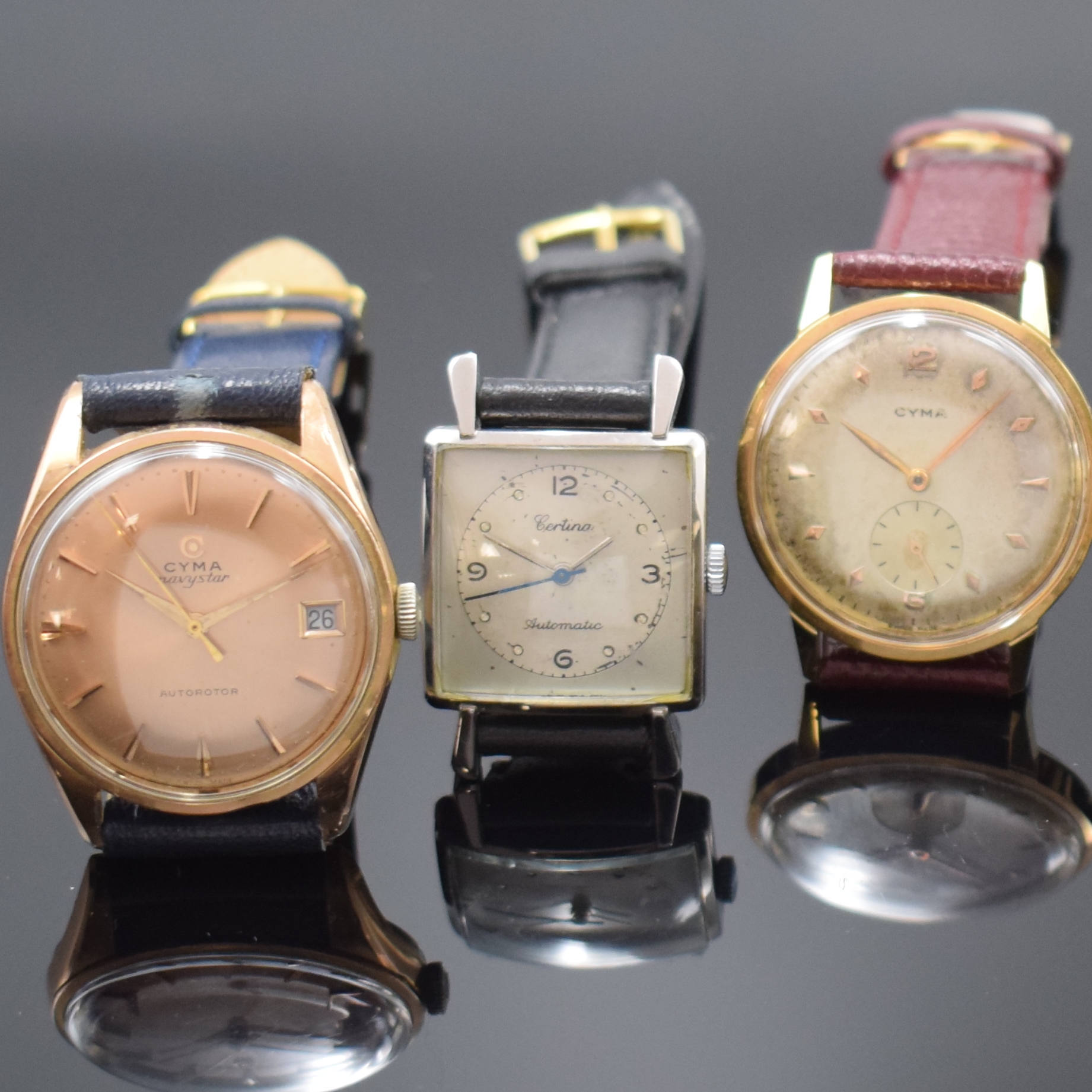 Detail a: Konvolut 5 vergoldete Armbanduhren, Schweiz ca. 1950 - 1965, Automatik/Handaufzug, 1) DUGENA Super Automatic, Stahlboden aufgedr., rotgold. ...