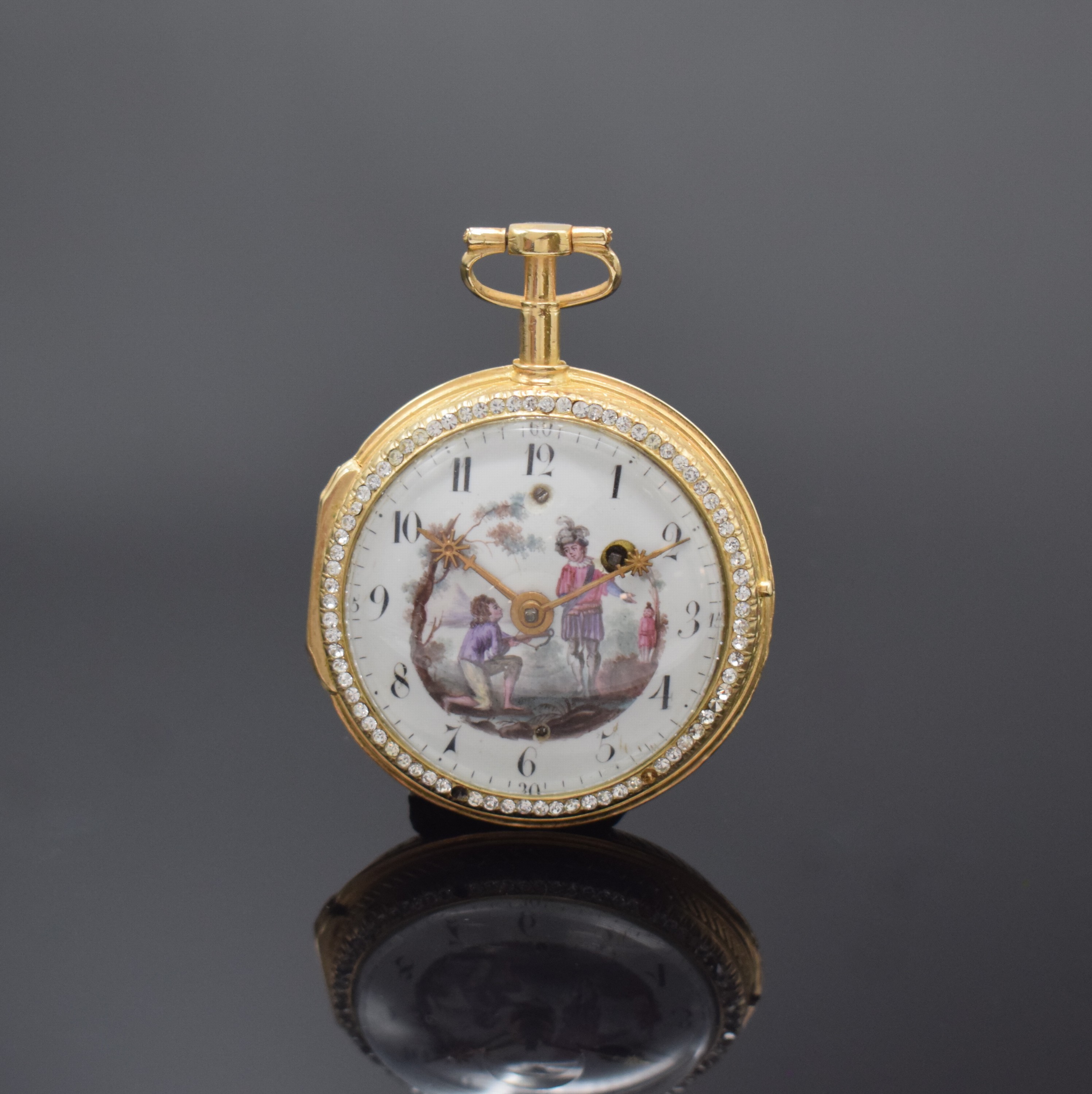 MORICAND & Comp. Email-Spindeltaschenuhr, Schweiz um 1790, verg. Geh. m. Außenscharnier, rücks. auf blauem Grund Figurale Szene rest., ...