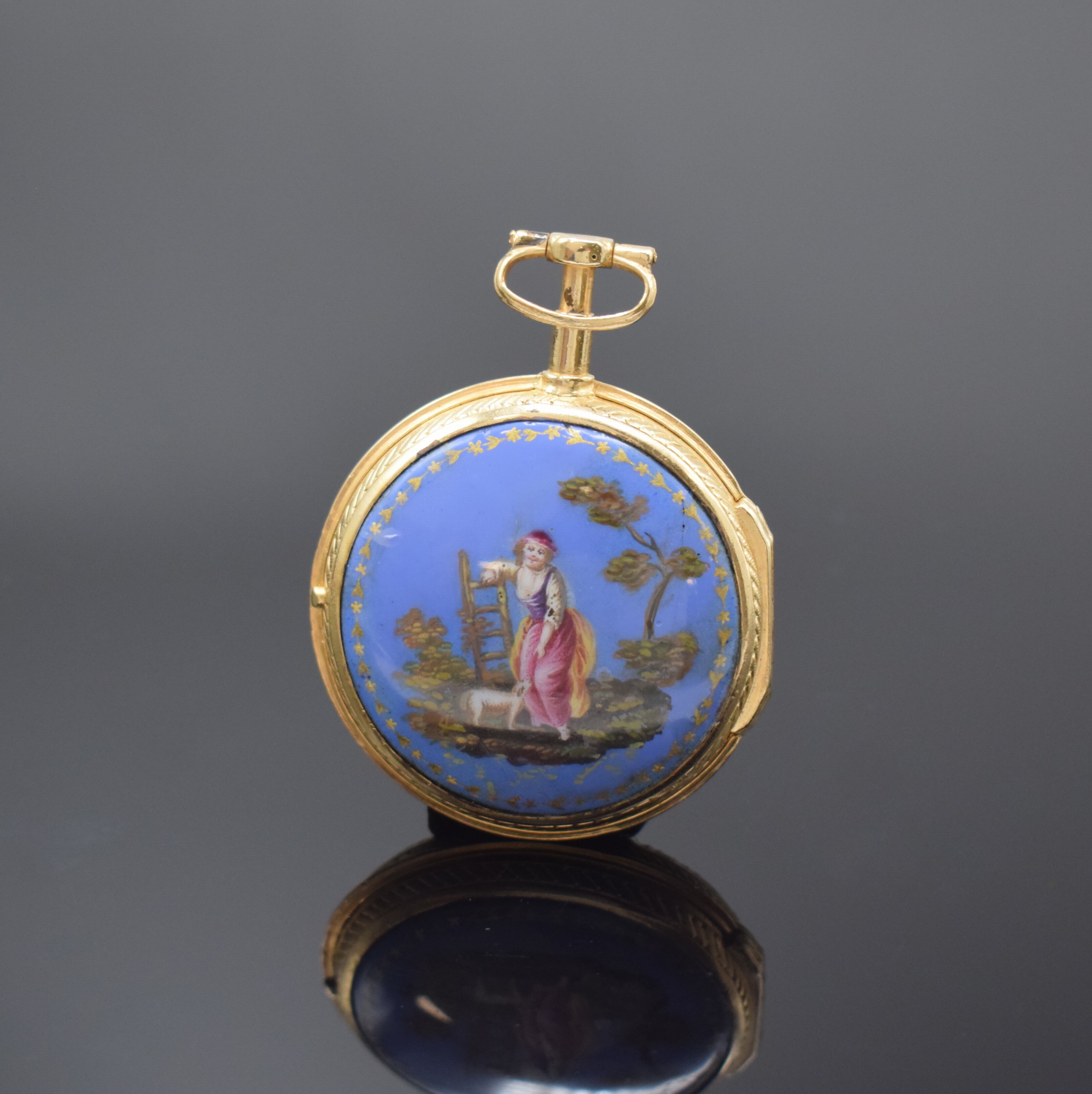 Detail a: MORICAND & Comp. Email-Spindeltaschenuhr, Schweiz um 1790, verg. Geh. m. Außenscharnier, rücks. auf blauem Grund Figurale Szene rest., ...