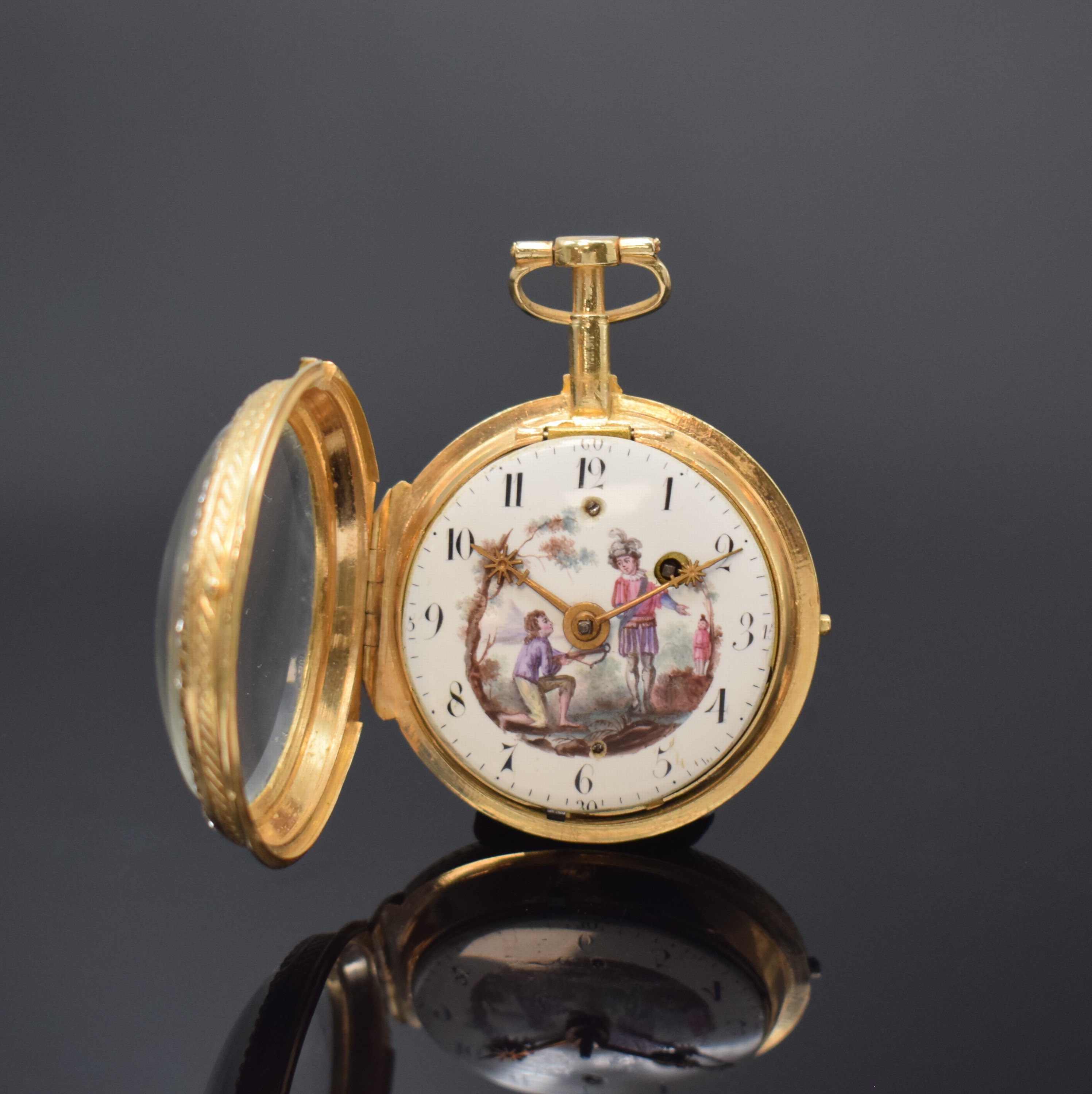 Detail b: MORICAND & Comp. Email-Spindeltaschenuhr, Schweiz um 1790, verg. Geh. m. Außenscharnier, rücks. auf blauem Grund Figurale Szene rest., ...