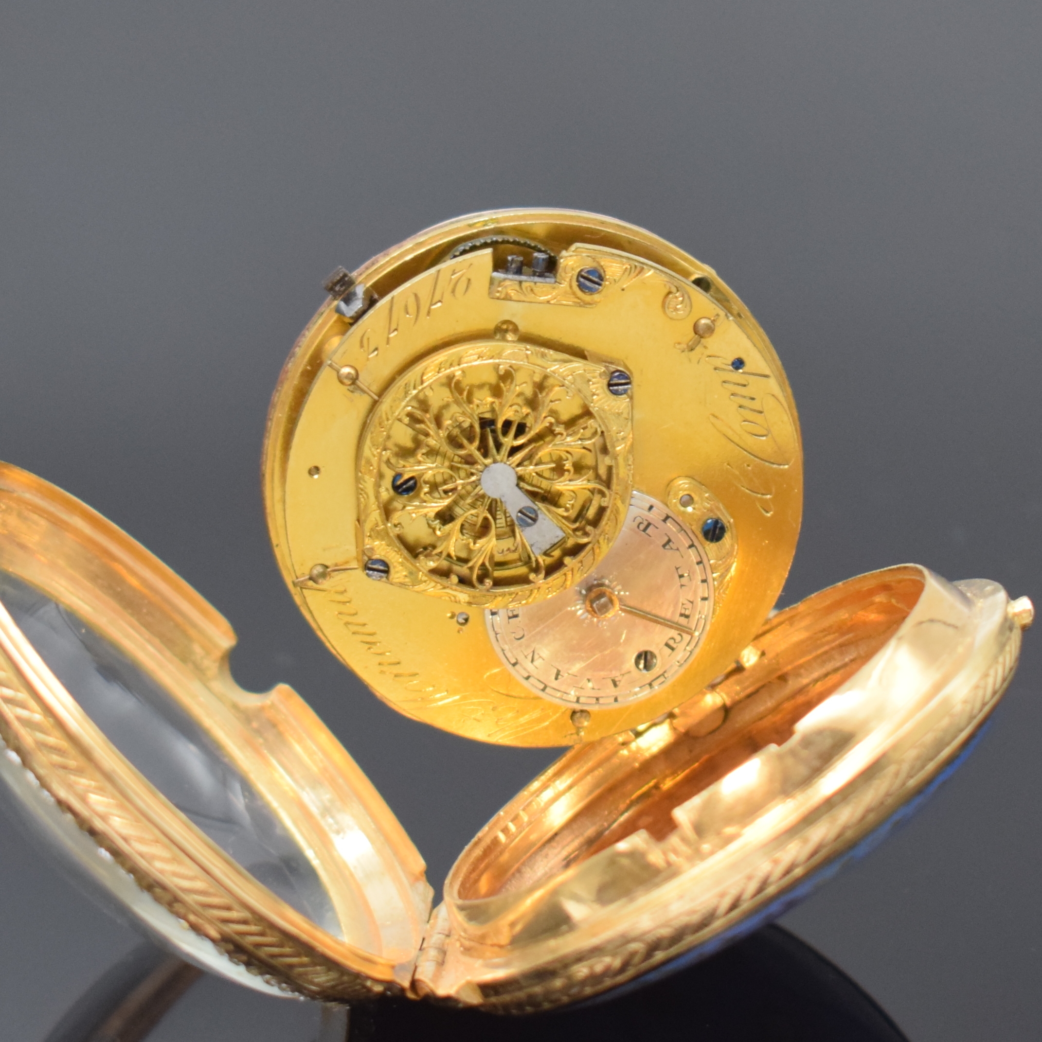 Detail c: MORICAND & Comp. Email-Spindeltaschenuhr, Schweiz um 1790, verg. Geh. m. Außenscharnier, rücks. auf blauem Grund Figurale Szene rest., ...