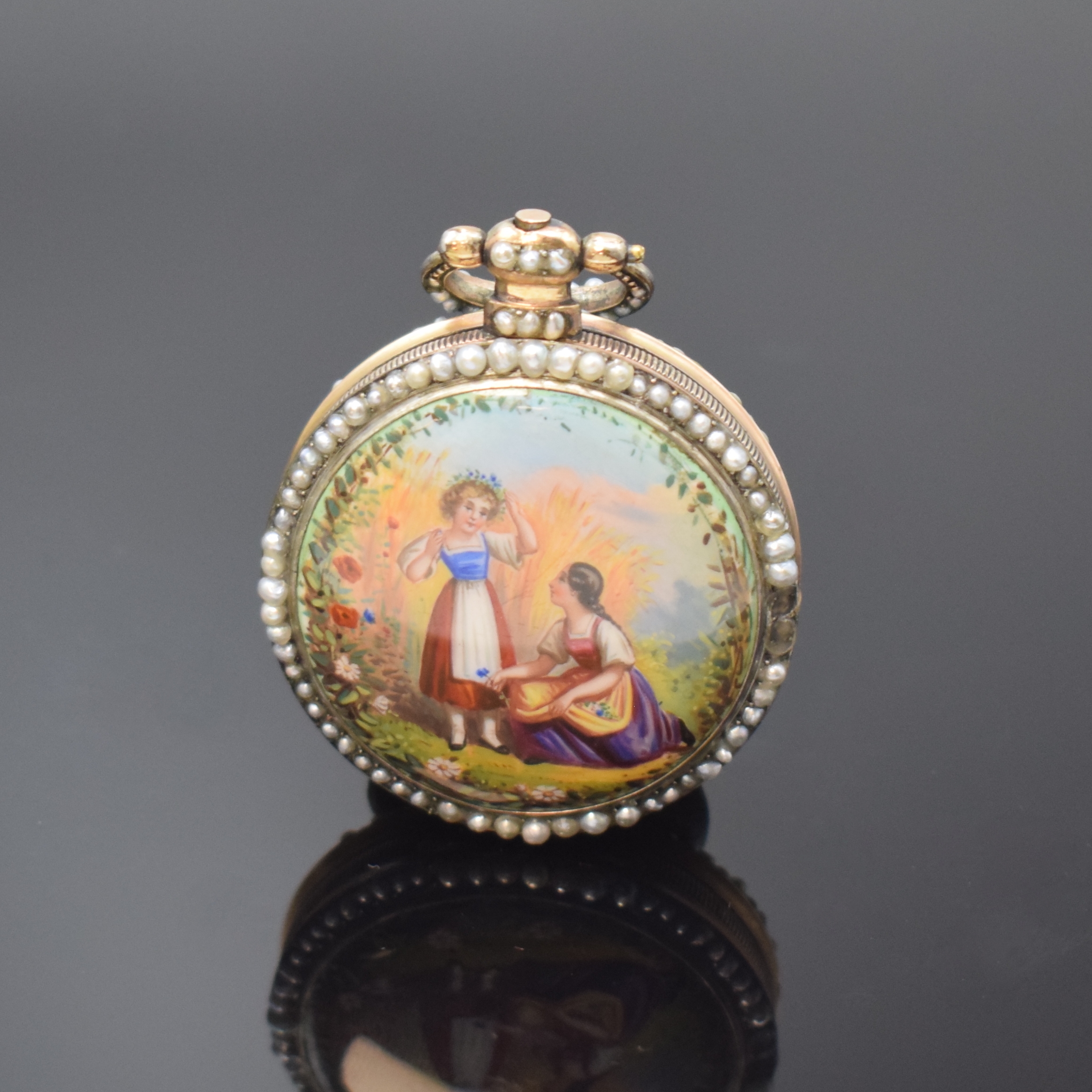 EDOUARD JUVET, Fleurier Email-Taschenuhr mit springender Zentralsekunde in Silber, Schweiz um 1850, Schlüsselaufzug, verg. Geh., rücks. Emailbild ...