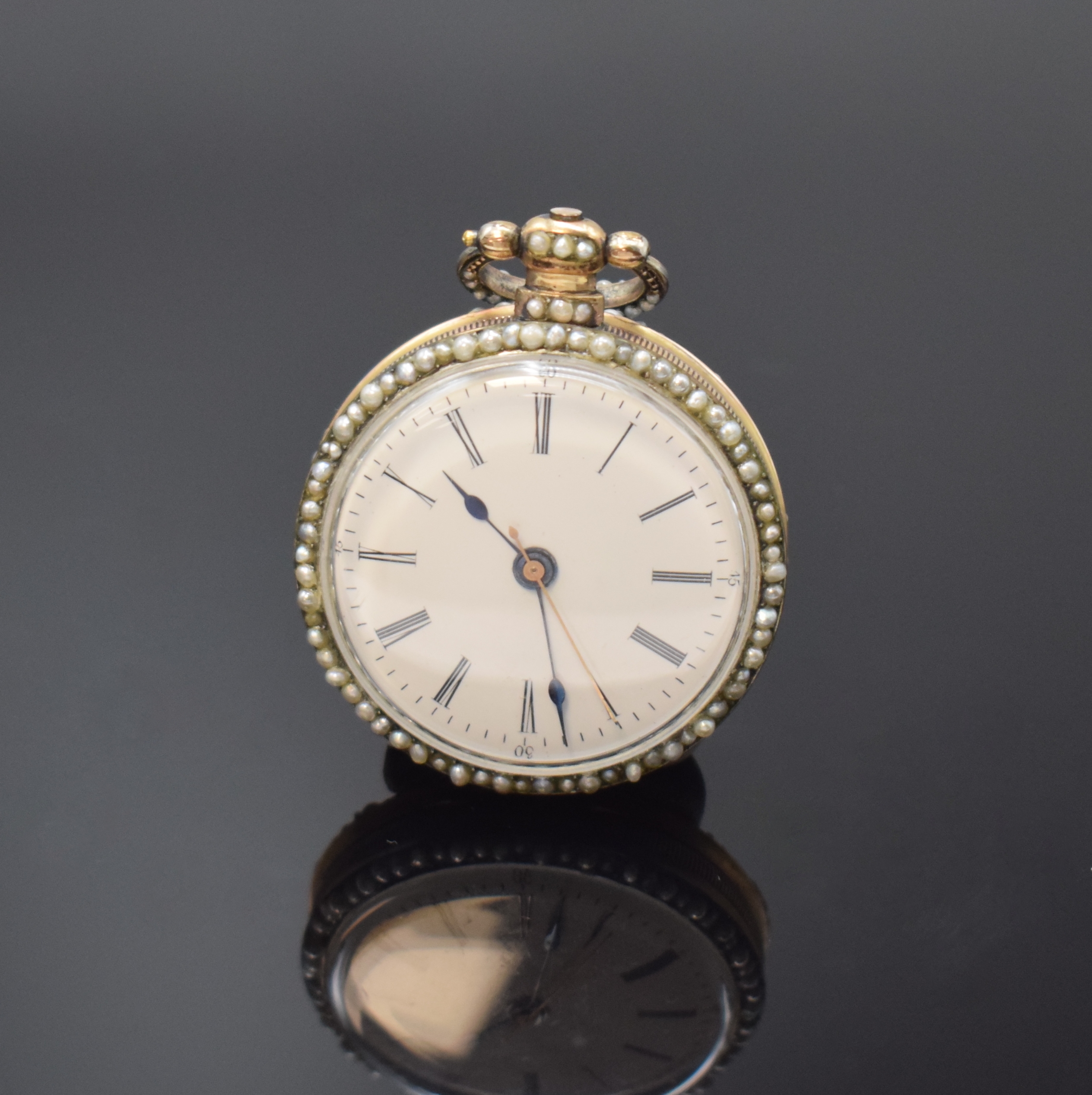 Detail a: EDOUARD JUVET, Fleurier Email-Taschenuhr mit springender Zentralsekunde in Silber, Schweiz um 1850, Schlüsselaufzug, verg. Geh., rücks. Emailbild ...