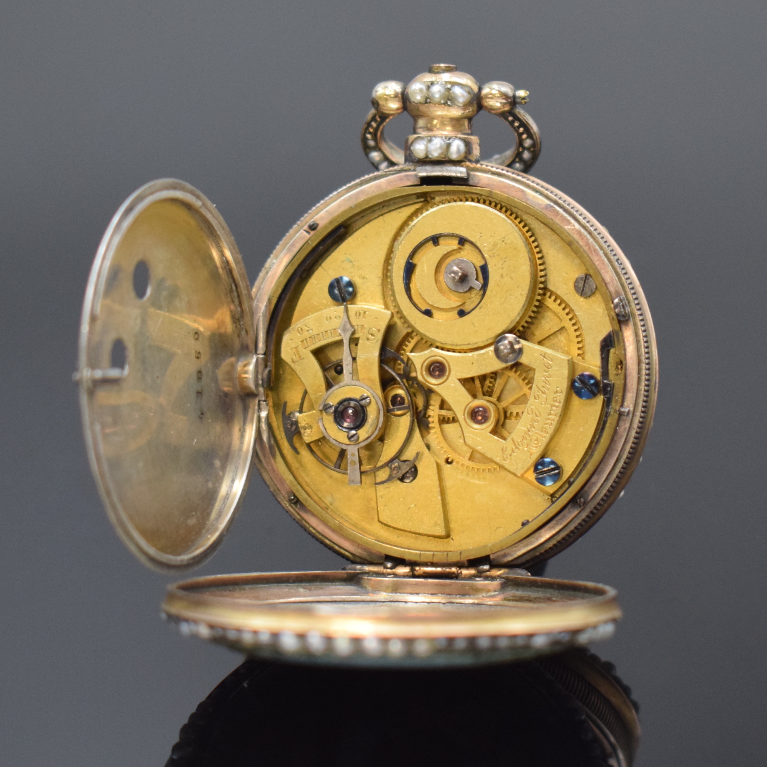 Detail d: EDOUARD JUVET, Fleurier Email-Taschenuhr mit springender Zentralsekunde in Silber, Schweiz um 1850, Schlüsselaufzug, verg. Geh., rücks. Emailbild ...