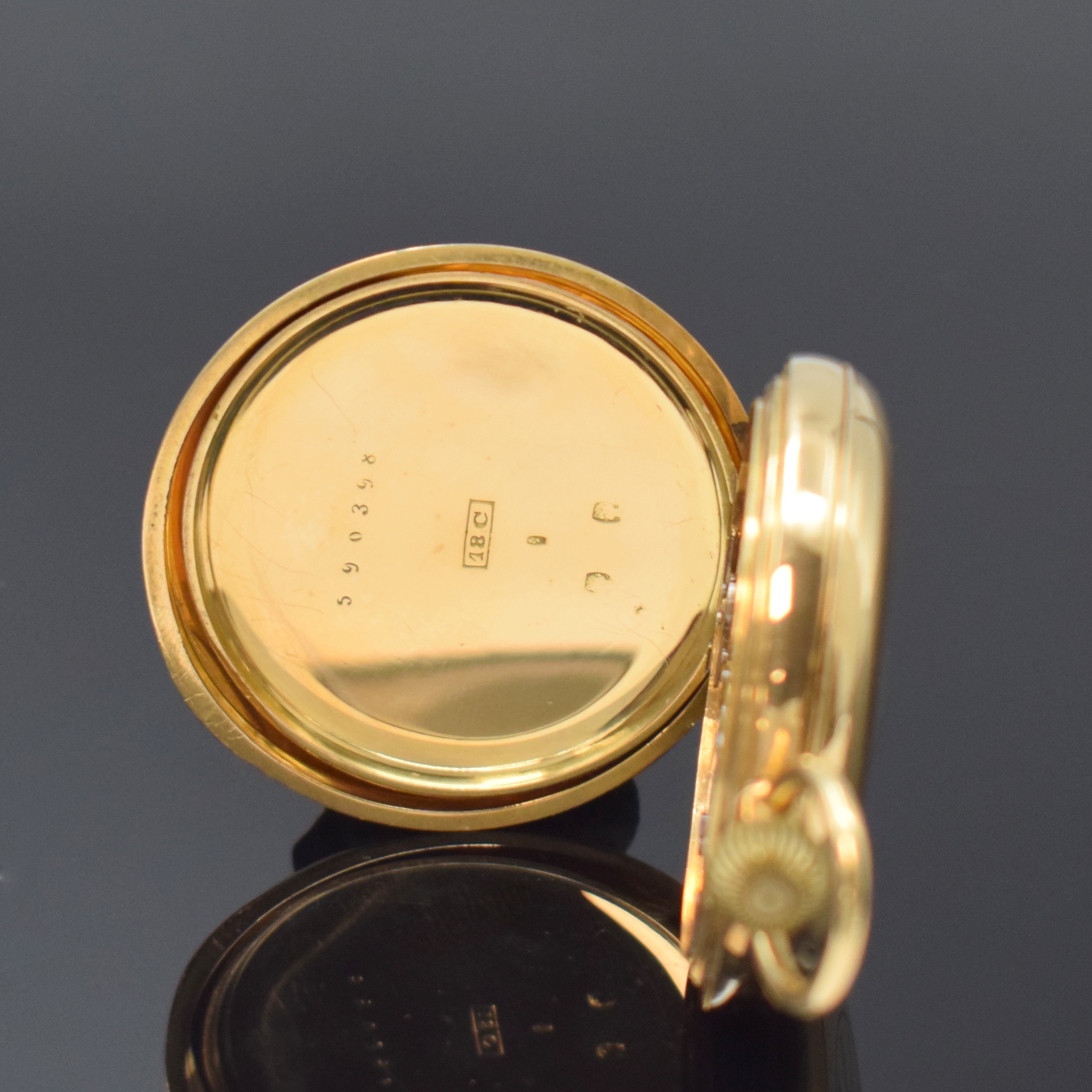 Detail e: A. LANGE & SÖHNE Savonette-Werk im späteren GG 750/000 Gehäuse, Deutschland / Schweiz um 1880, schweres schweizer 3-Deckel Gold ...