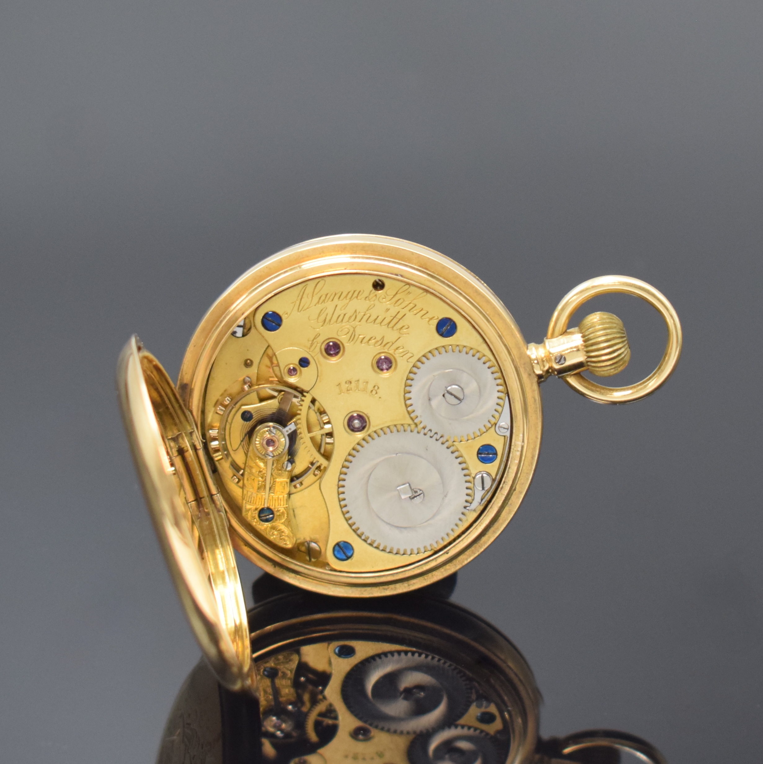 Detail f: A. LANGE & SÖHNE Savonette-Werk im späteren GG 750/000 Gehäuse, Deutschland / Schweiz um 1880, schweres schweizer 3-Deckel Gold ...