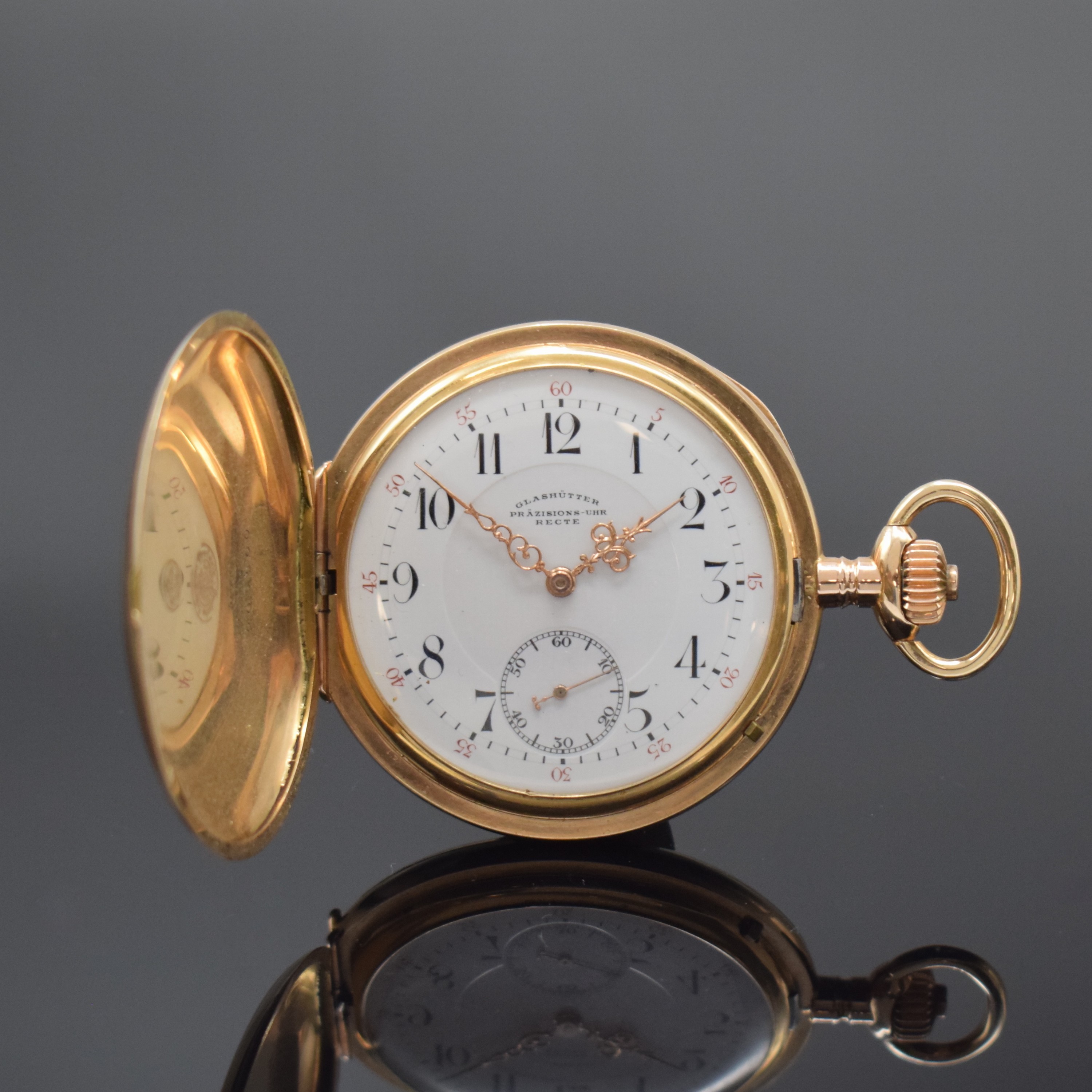 RECTE Deutsche Präzisions-Uhr Glashütte Sa Herrensavonette in RG 585/000, Deutschland um 1910, glattes 3-Deckel Goldgeh., Emailzifferbl. m. roter ...