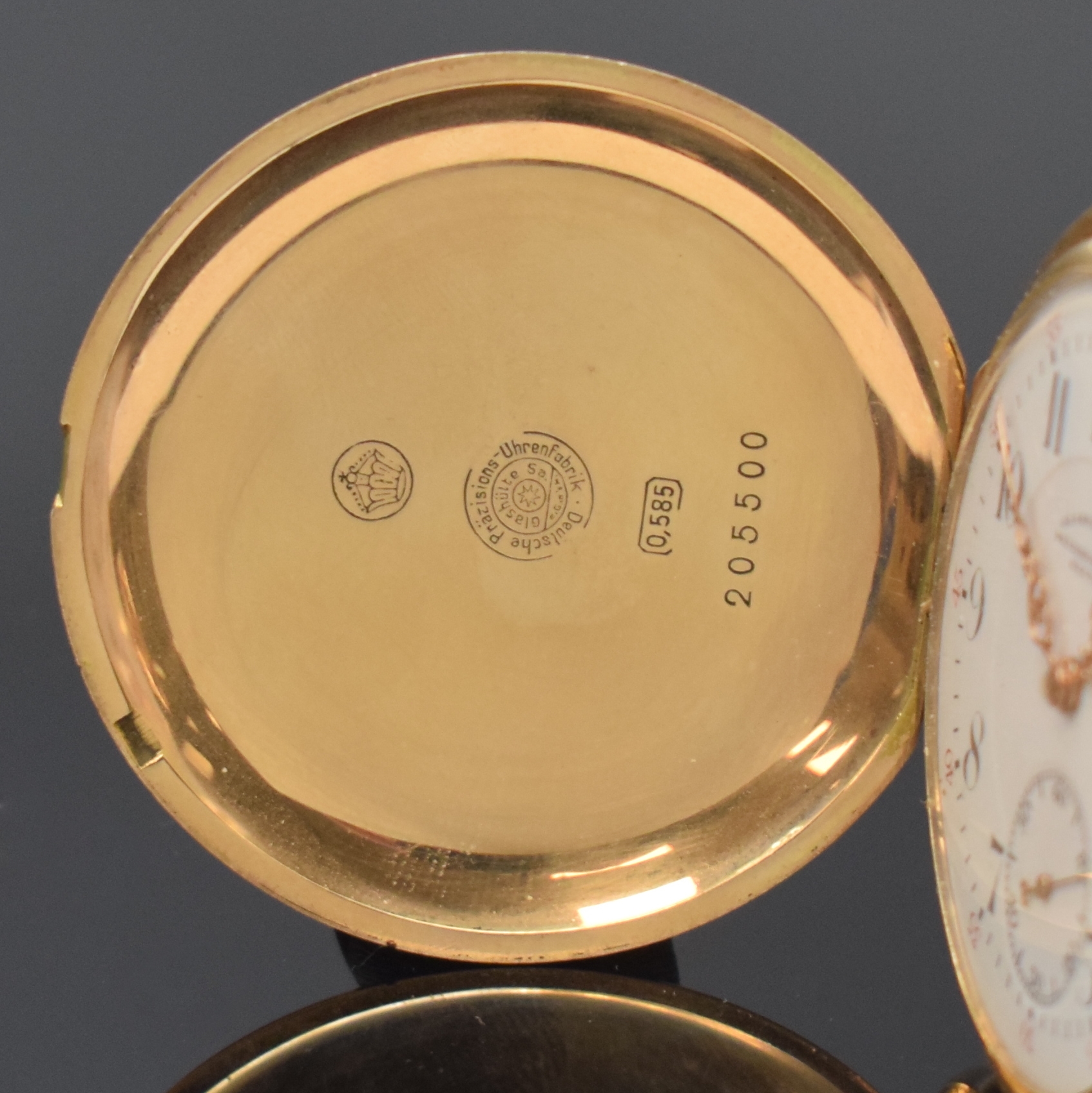 Detail a: RECTE Deutsche Präzisions-Uhr Glashütte Sa Herrensavonette in RG 585/000, Deutschland um 1910, glattes 3-Deckel Goldgeh., Emailzifferbl. m. roter ...