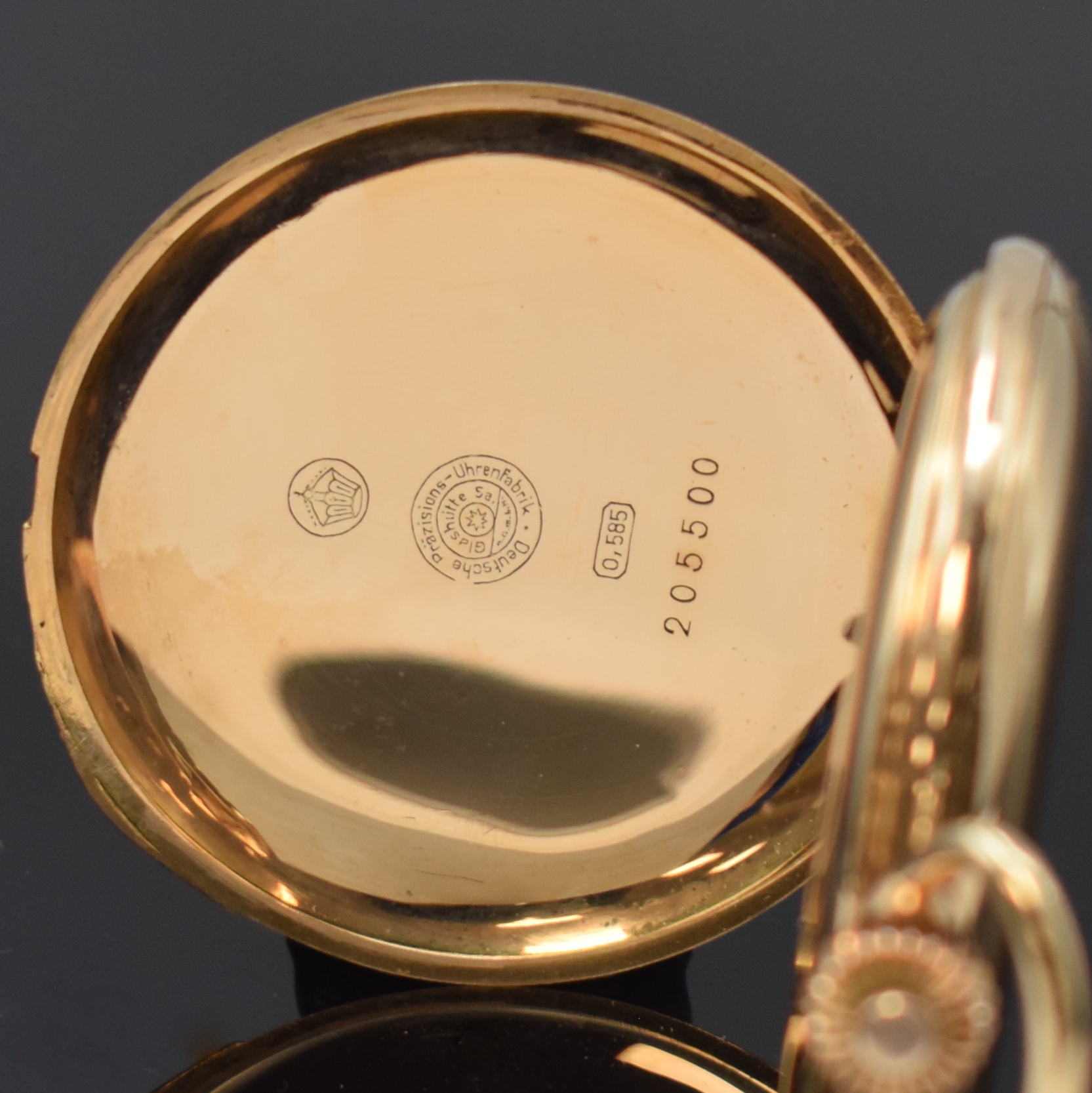 Detail c: RECTE Deutsche Präzisions-Uhr Glashütte Sa Herrensavonette in RG 585/000, Deutschland um 1910, glattes 3-Deckel Goldgeh., Emailzifferbl. m. roter ...