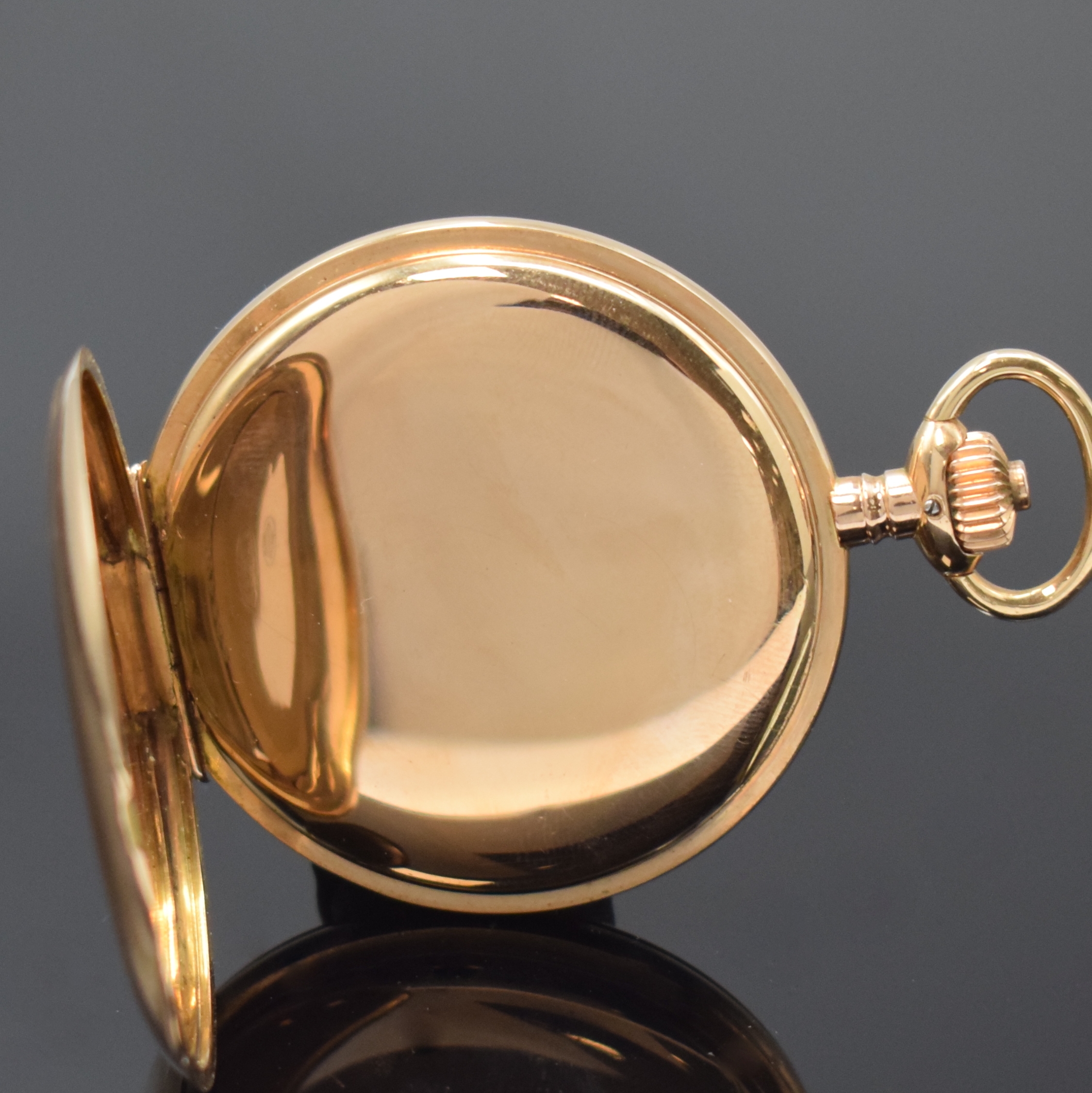 Detail d: RECTE Deutsche Präzisions-Uhr Glashütte Sa Herrensavonette in RG 585/000, Deutschland um 1910, glattes 3-Deckel Goldgeh., Emailzifferbl. m. roter ...