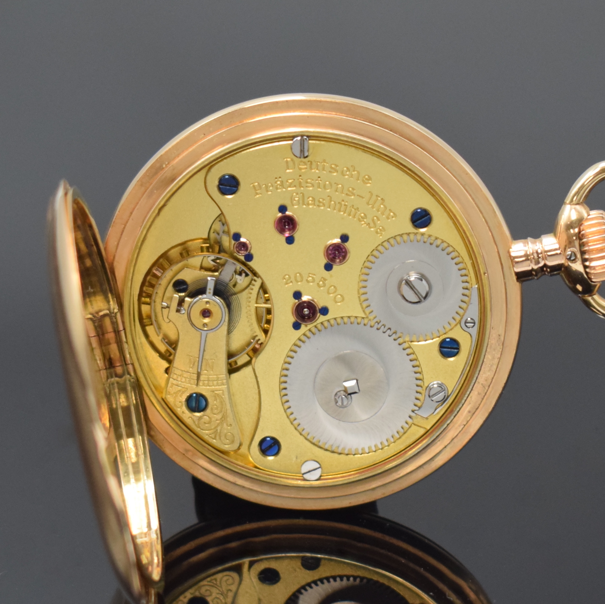 Detail f: RECTE Deutsche Präzisions-Uhr Glashütte Sa Herrensavonette in RG 585/000, Deutschland um 1910, glattes 3-Deckel Goldgeh., Emailzifferbl. m. roter ...