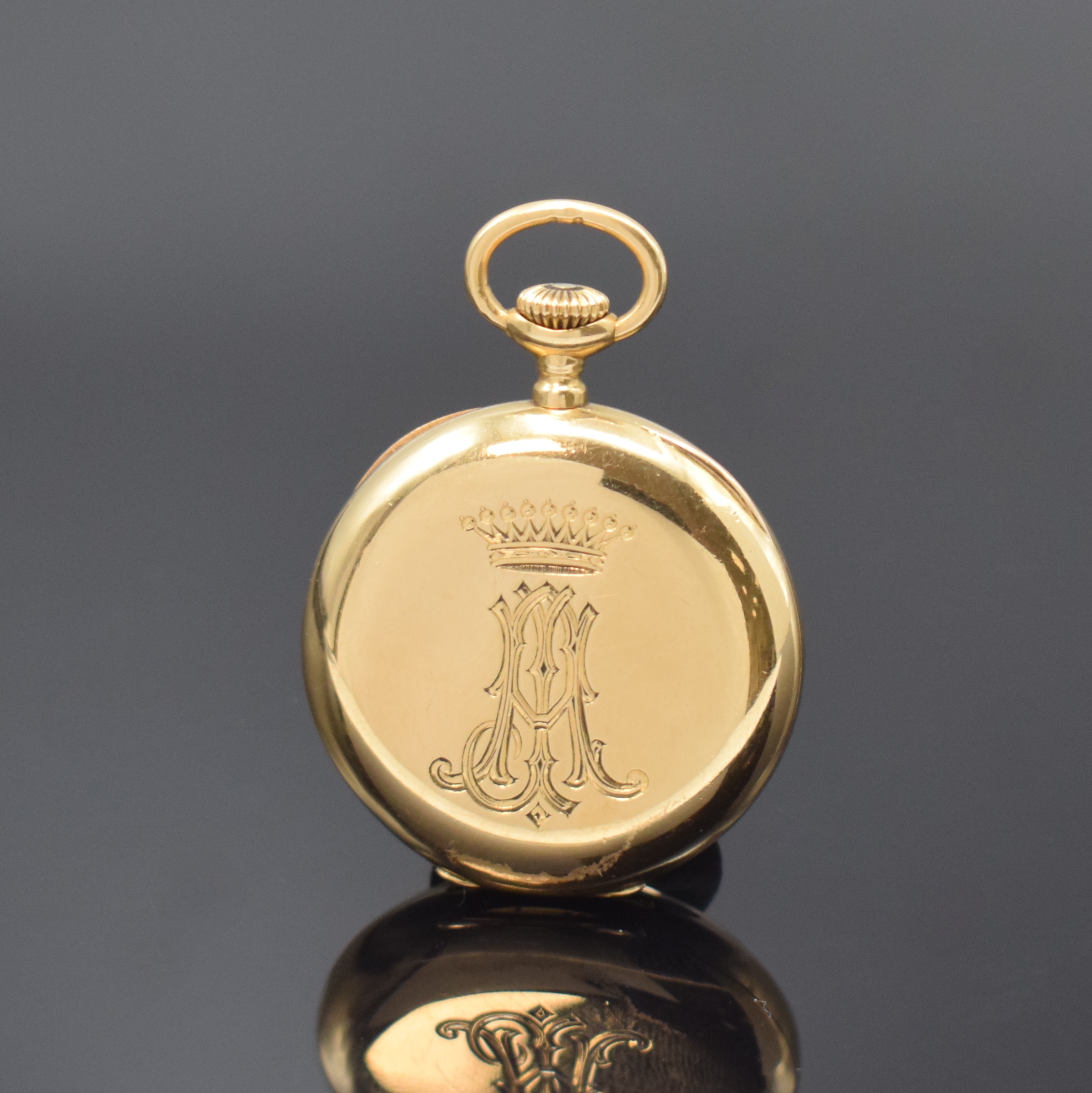 Detail a: PATEK PHILIPPE & Cie offene Damentaschenuhr in GG 750/000, Schweiz um 1900, glattes 2- Deckel Goldgeh., rücks. Adels-Monogramm, Cuvette m. ...