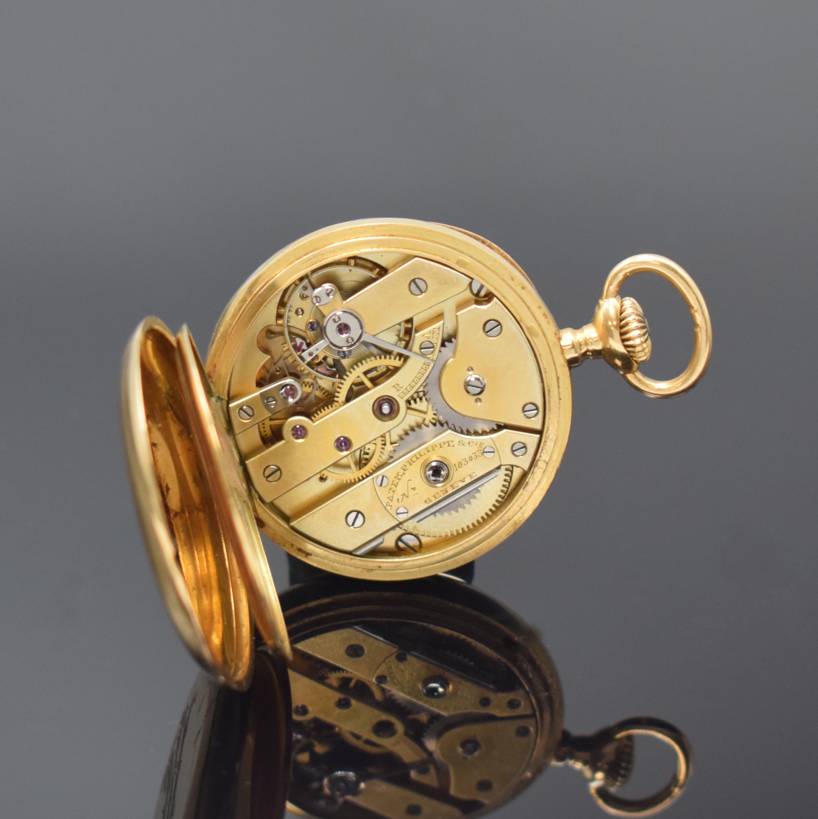 Detail e: PATEK PHILIPPE & Cie offene Damentaschenuhr in GG 750/000, Schweiz um 1900, glattes 2- Deckel Goldgeh., rücks. Adels-Monogramm, Cuvette m. ...