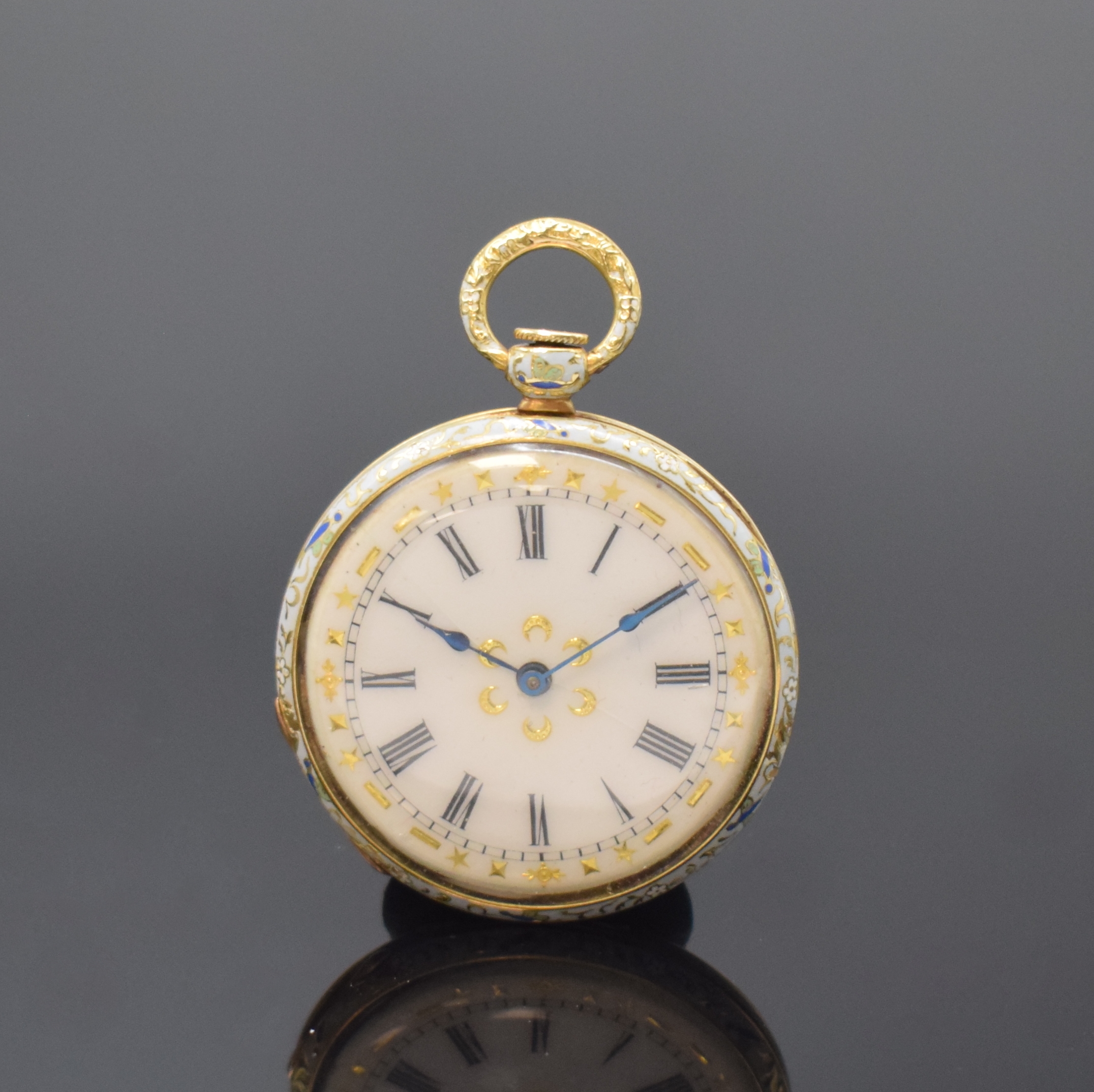 MOULINIÉ ainé & Cie Geneve Email Damentaschenuhr in GG 750/000, Schweiz um 1840, Schlüsselaufzug, aufwendig polychrom emailliertes Geh. l. besch., ...
