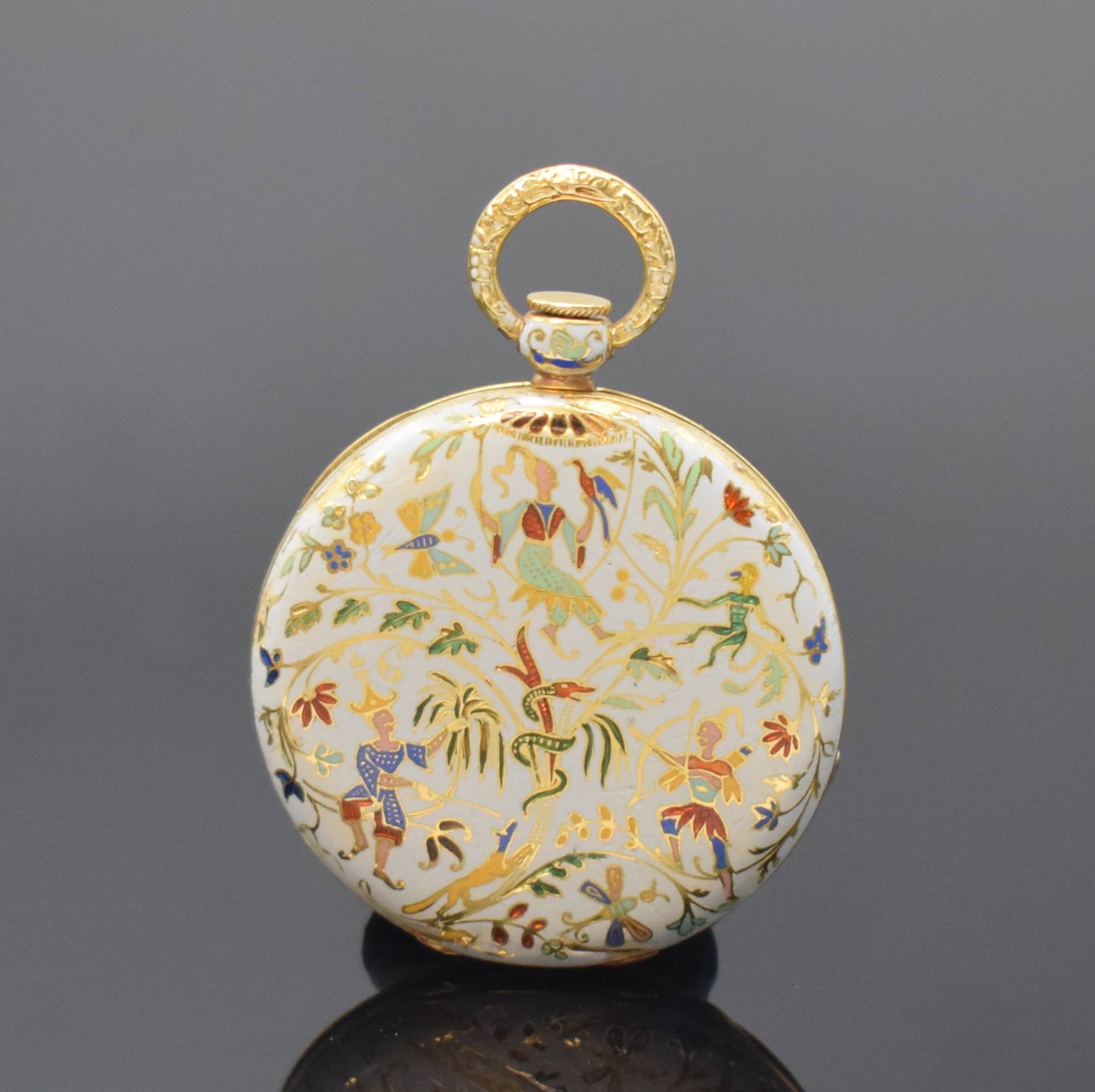 Detail a: MOULINIÉ ainé & Cie Geneve Email Damentaschenuhr in GG 750/000, Schweiz um 1840, Schlüsselaufzug, aufwendig polychrom emailliertes Geh. l. besch., ...
