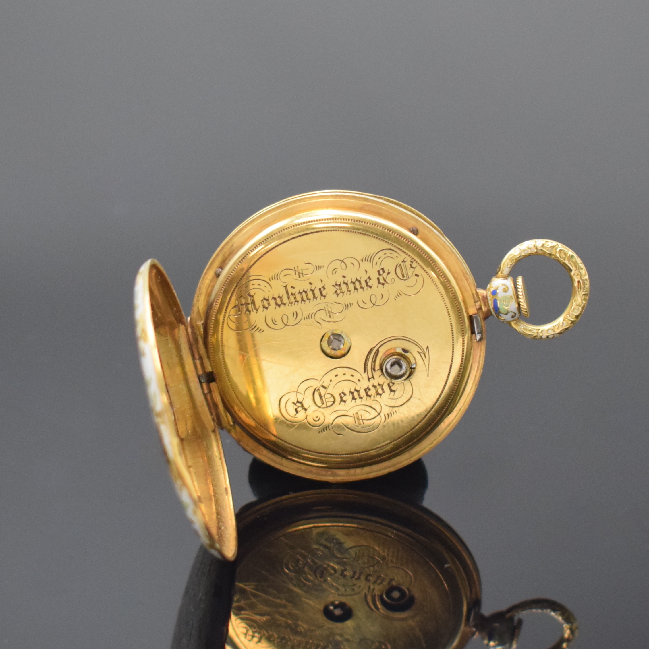 Detail c: MOULINIÉ ainé & Cie Geneve Email Damentaschenuhr in GG 750/000, Schweiz um 1840, Schlüsselaufzug, aufwendig polychrom emailliertes Geh. l. besch., ...