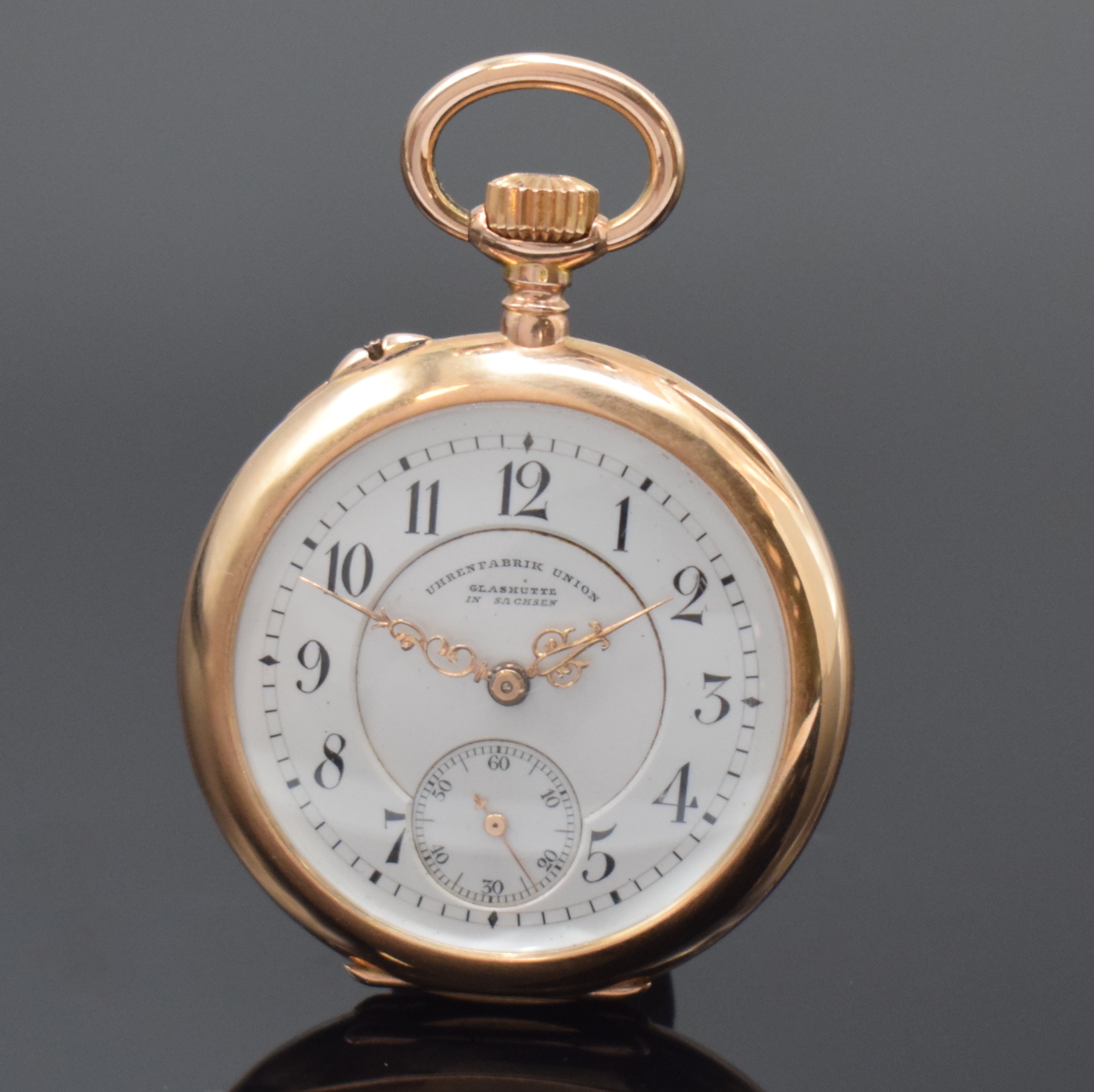 UHRENFABRIK UNION offene Damentaschenuhr in RG 585/000, Deutschland um 1910, glattes Lucia-Geh. m. Goldcuvette, 3-tlg. Emailzifferbl., arab. Zahlen, ...