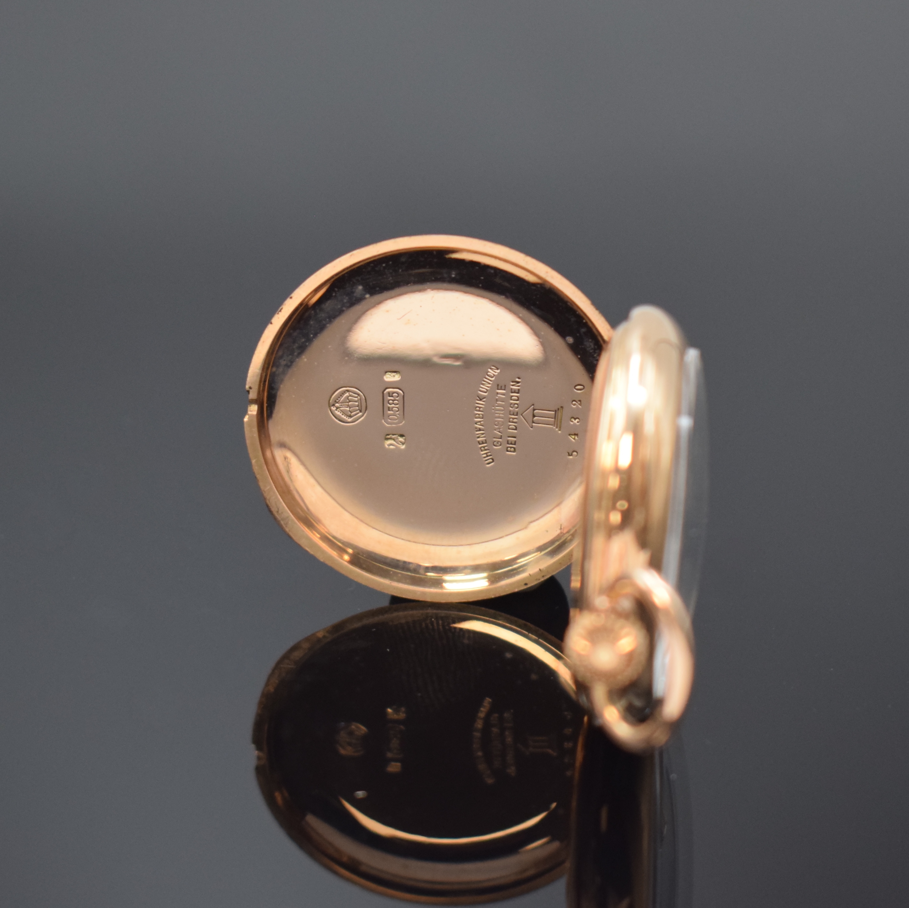 Detail b: UHRENFABRIK UNION offene Damentaschenuhr in RG 585/000, Deutschland um 1910, glattes Lucia-Geh. m. Goldcuvette, 3-tlg. Emailzifferbl., arab. Zahlen, ...