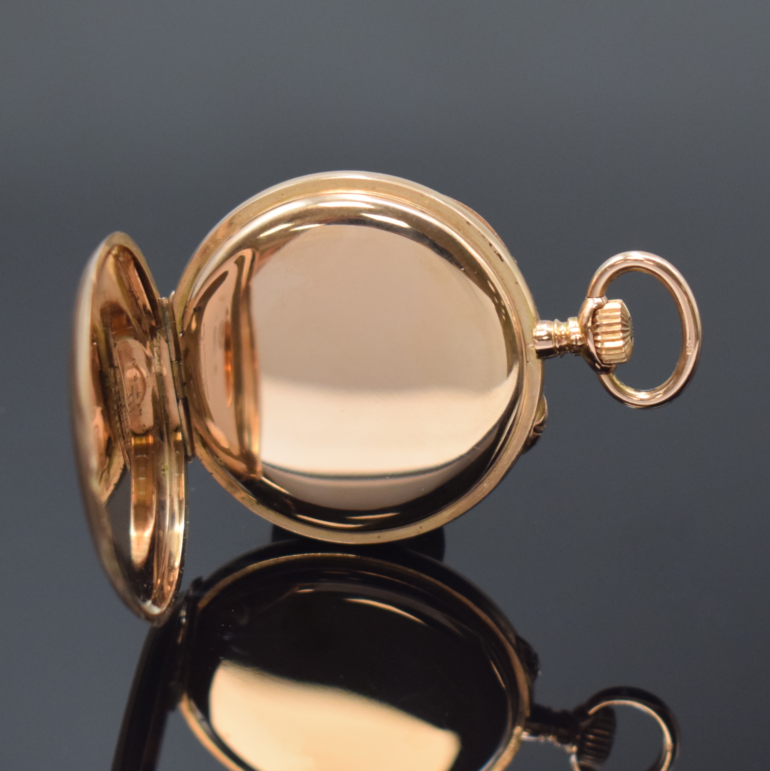 Detail c: UHRENFABRIK UNION offene Damentaschenuhr in RG 585/000, Deutschland um 1910, glattes Lucia-Geh. m. Goldcuvette, 3-tlg. Emailzifferbl., arab. Zahlen, ...