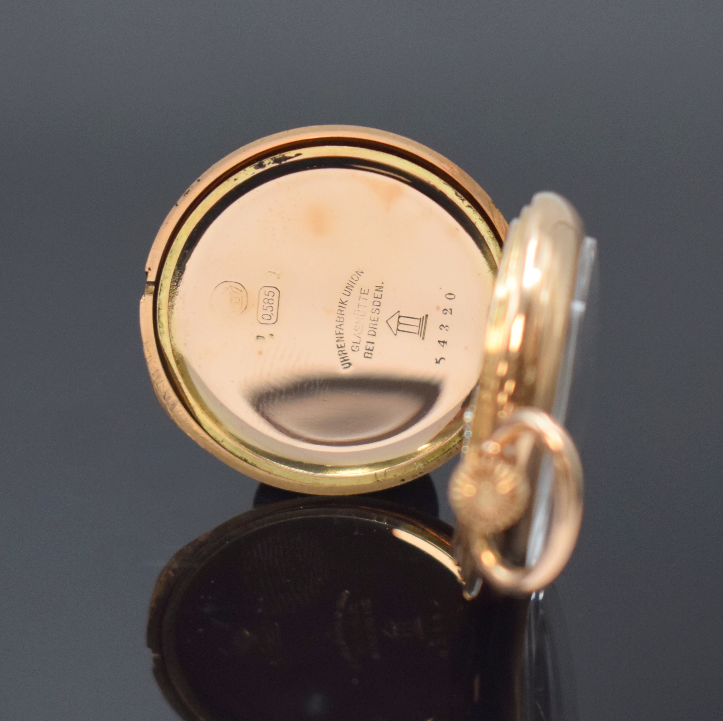 Detail d: UHRENFABRIK UNION offene Damentaschenuhr in RG 585/000, Deutschland um 1910, glattes Lucia-Geh. m. Goldcuvette, 3-tlg. Emailzifferbl., arab. Zahlen, ...