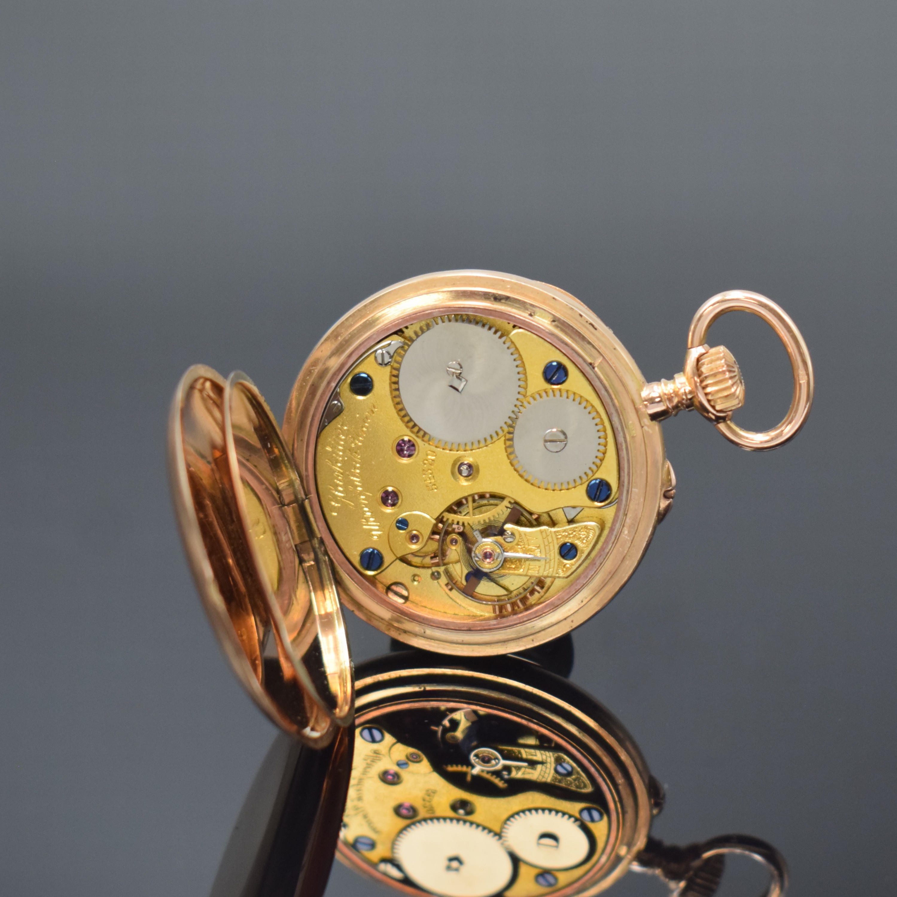 Detail e: UHRENFABRIK UNION offene Damentaschenuhr in RG 585/000, Deutschland um 1910, glattes Lucia-Geh. m. Goldcuvette, 3-tlg. Emailzifferbl., arab. Zahlen, ...