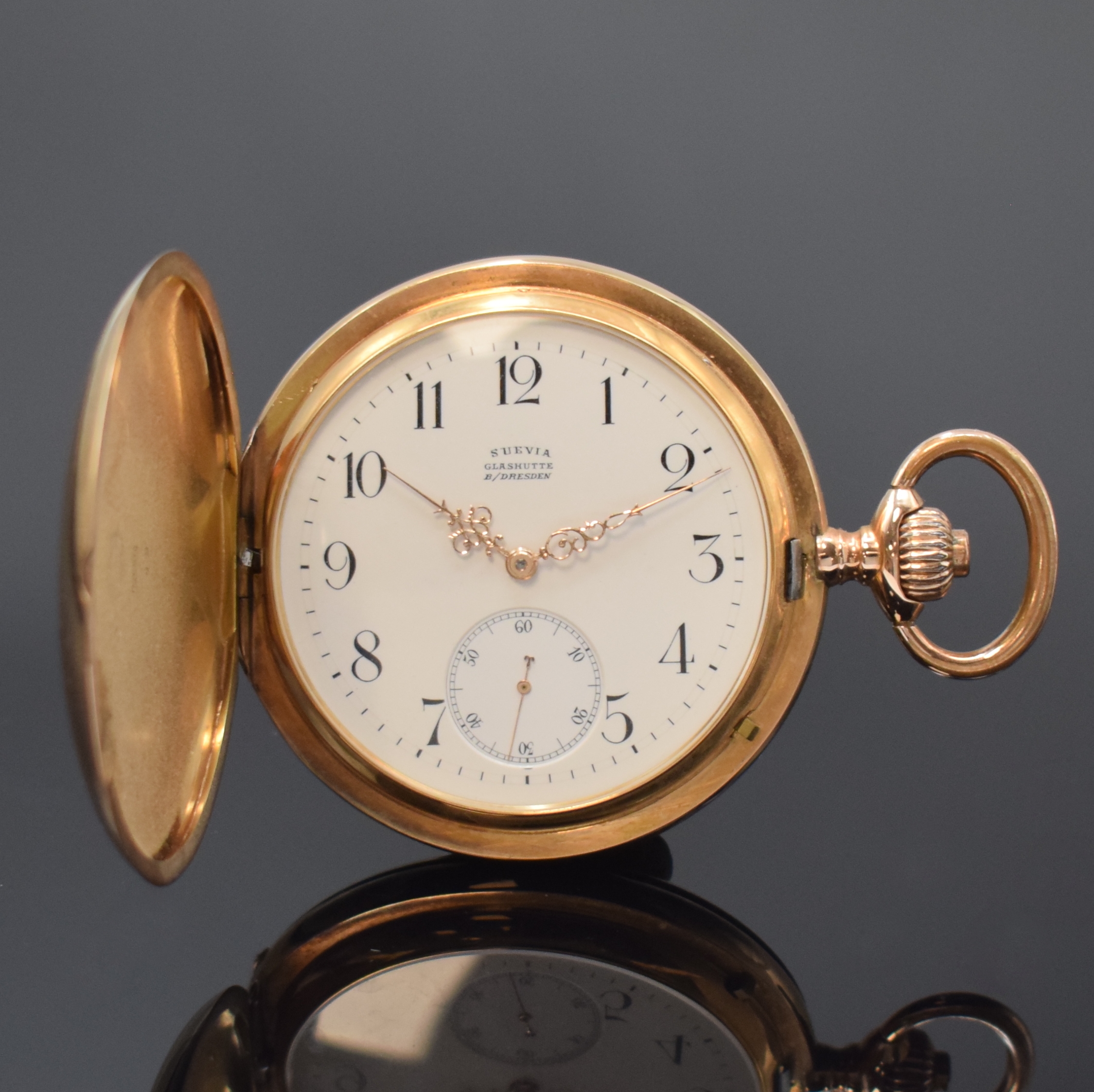 ERNST KASISKE / SUEVIA Glashütte seltene Herrensavonette in RG 585/000, Deutschland um 1910, Lucia 3-Deckel Goldgeh., grav. Monogramm auf ...