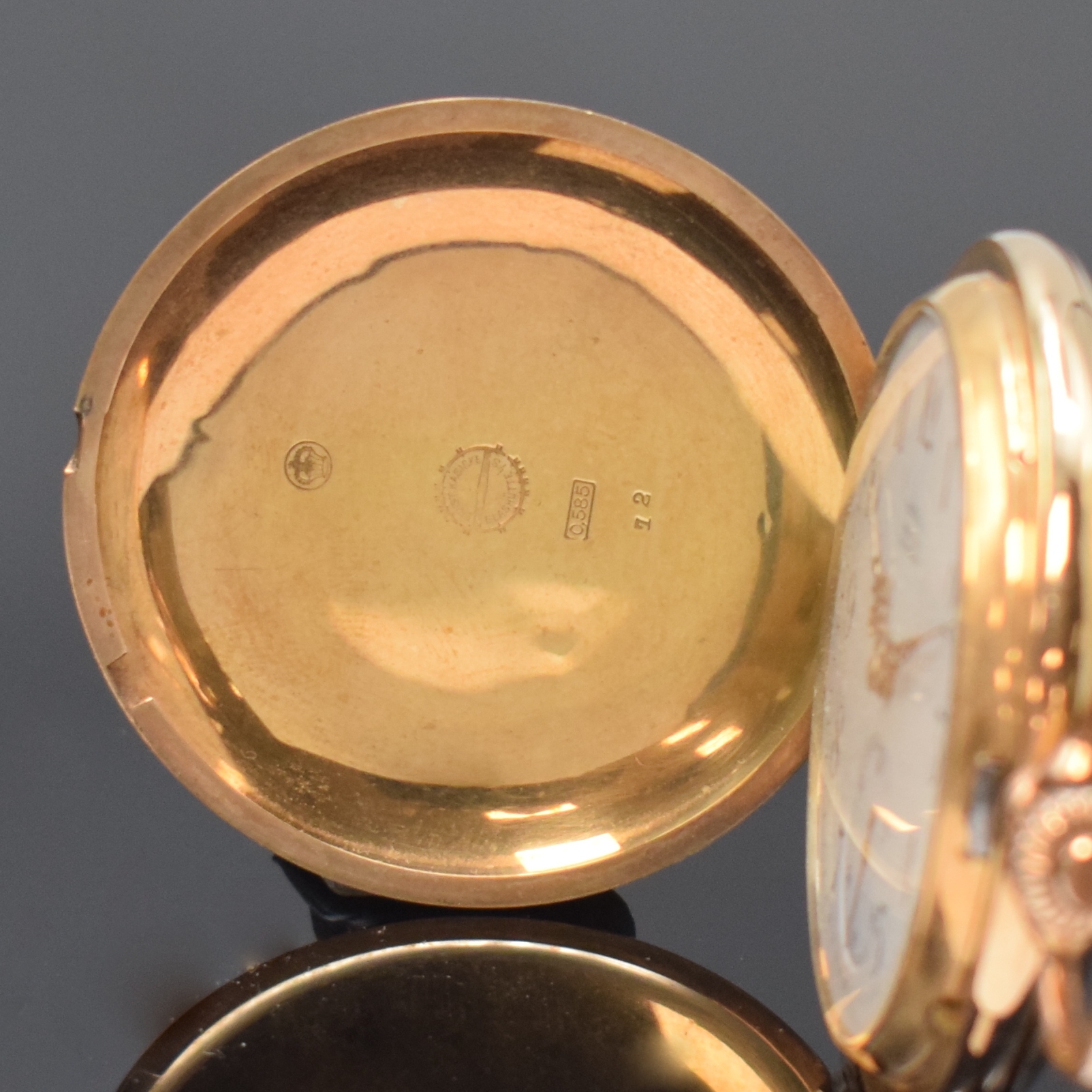 Detail a: ERNST KASISKE / SUEVIA Glashütte seltene Herrensavonette in RG 585/000, Deutschland um 1910, Lucia 3-Deckel Goldgeh., grav. Monogramm auf ...