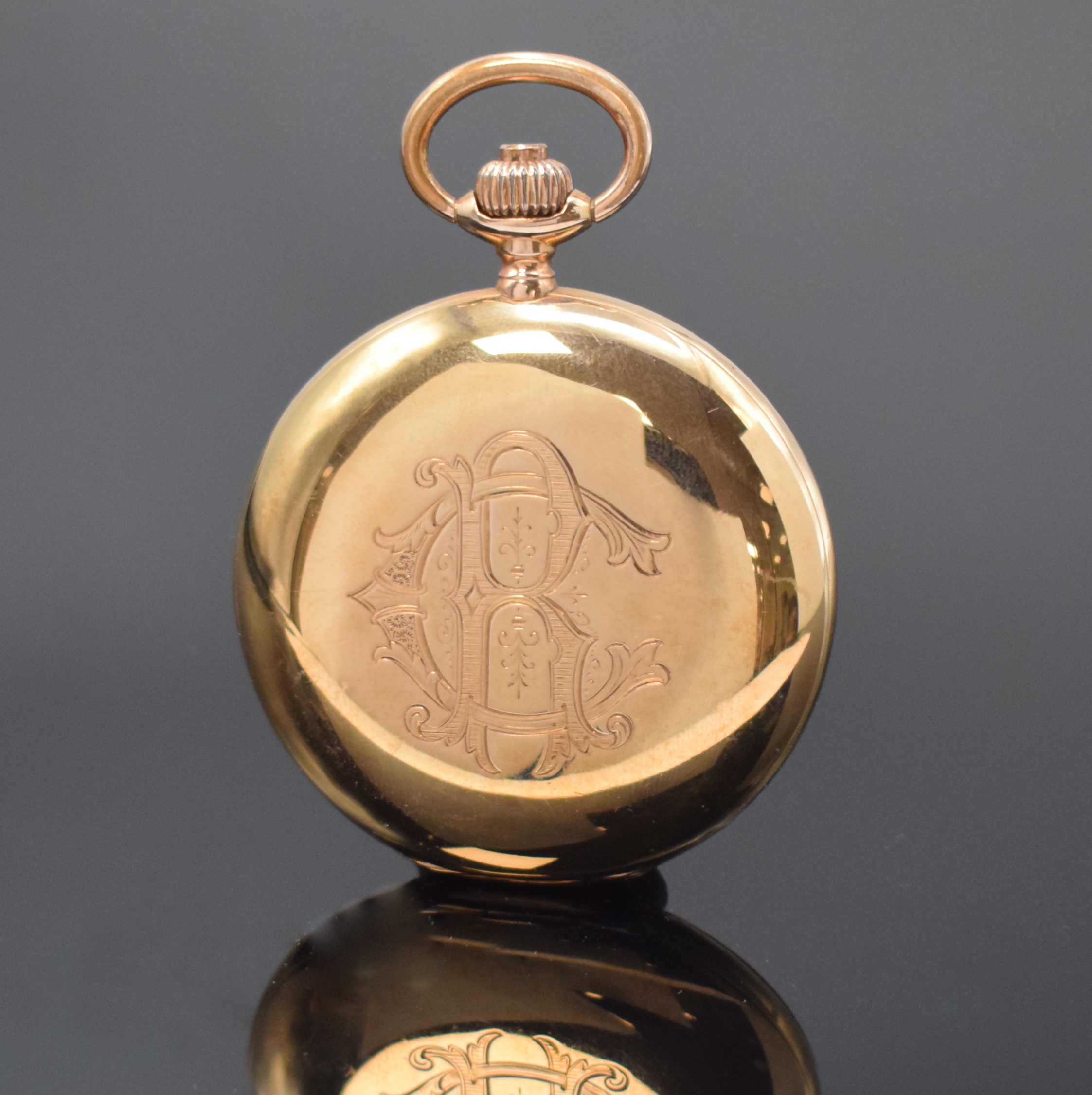 Detail b: ERNST KASISKE / SUEVIA Glashütte seltene Herrensavonette in RG 585/000, Deutschland um 1910, Lucia 3-Deckel Goldgeh., grav. Monogramm auf ...