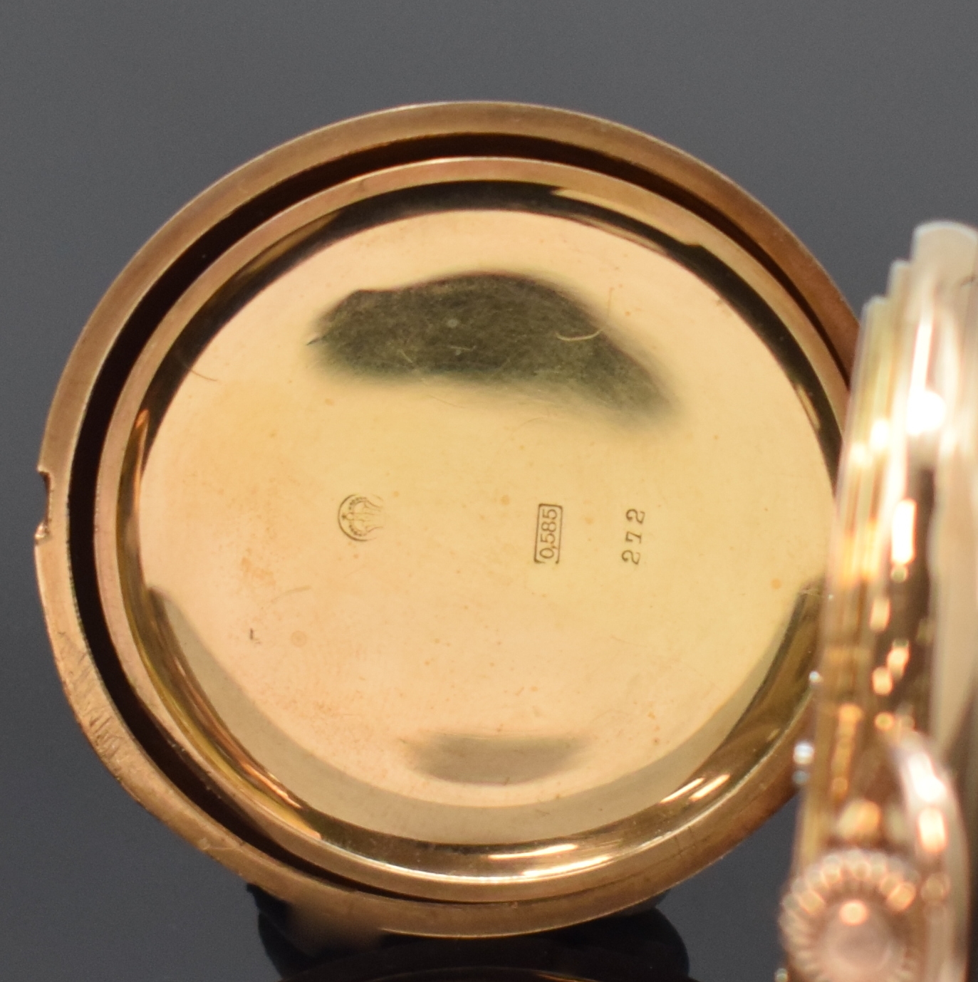 Detail e: ERNST KASISKE / SUEVIA Glashütte seltene Herrensavonette in RG 585/000, Deutschland um 1910, Lucia 3-Deckel Goldgeh., grav. Monogramm auf ...