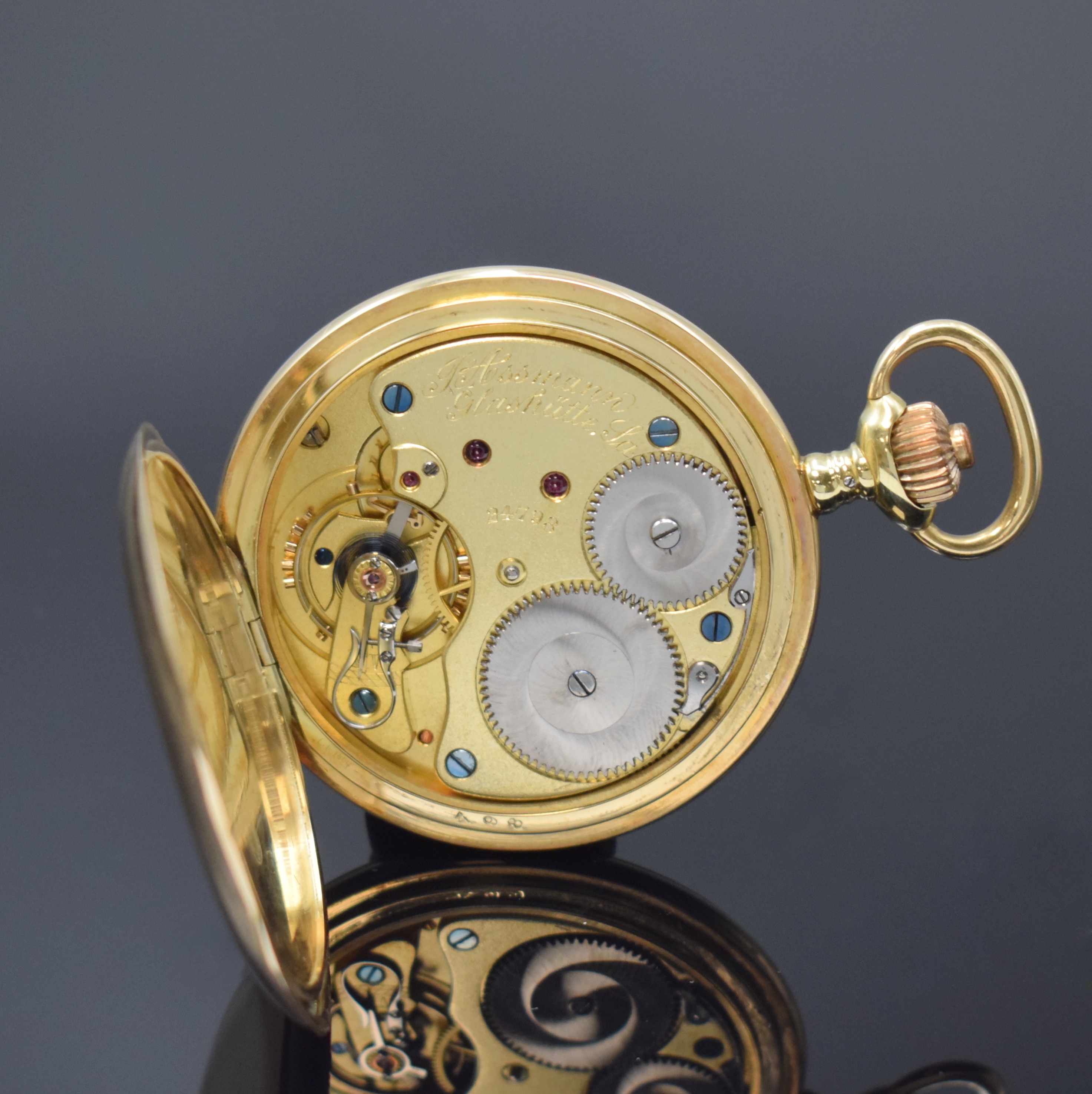 Detail f: J. ASSMANN Herrensavonette in GG 585/000, Deutschland um 1920, glattes 3-Deckel Gold Lucia-Geh., 3-tlg. Emailzifferbl., Breguetzahlen, kl. Sek. b. 6, ...